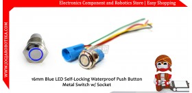 16mm Blue LED Self-Locking Waterproof Push Button Metal Switch w/ Socket