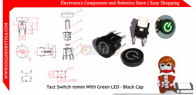 Tact Switch 10mm With Green LED - Black Cap