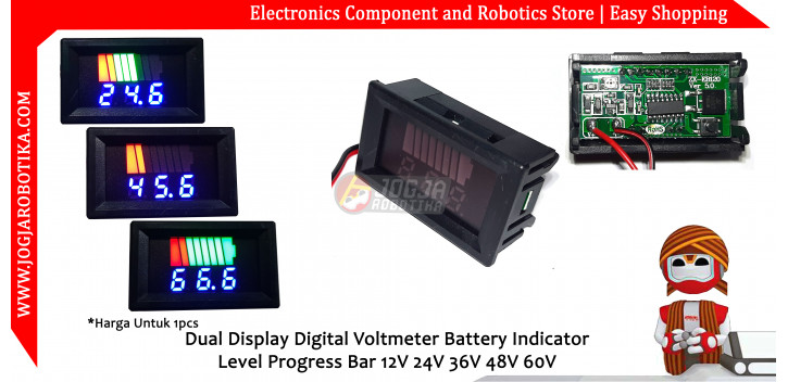 Dual Display Digital Voltmeter Battery Indicator Level Progress Bar 12V 24V 36V 48V 60V