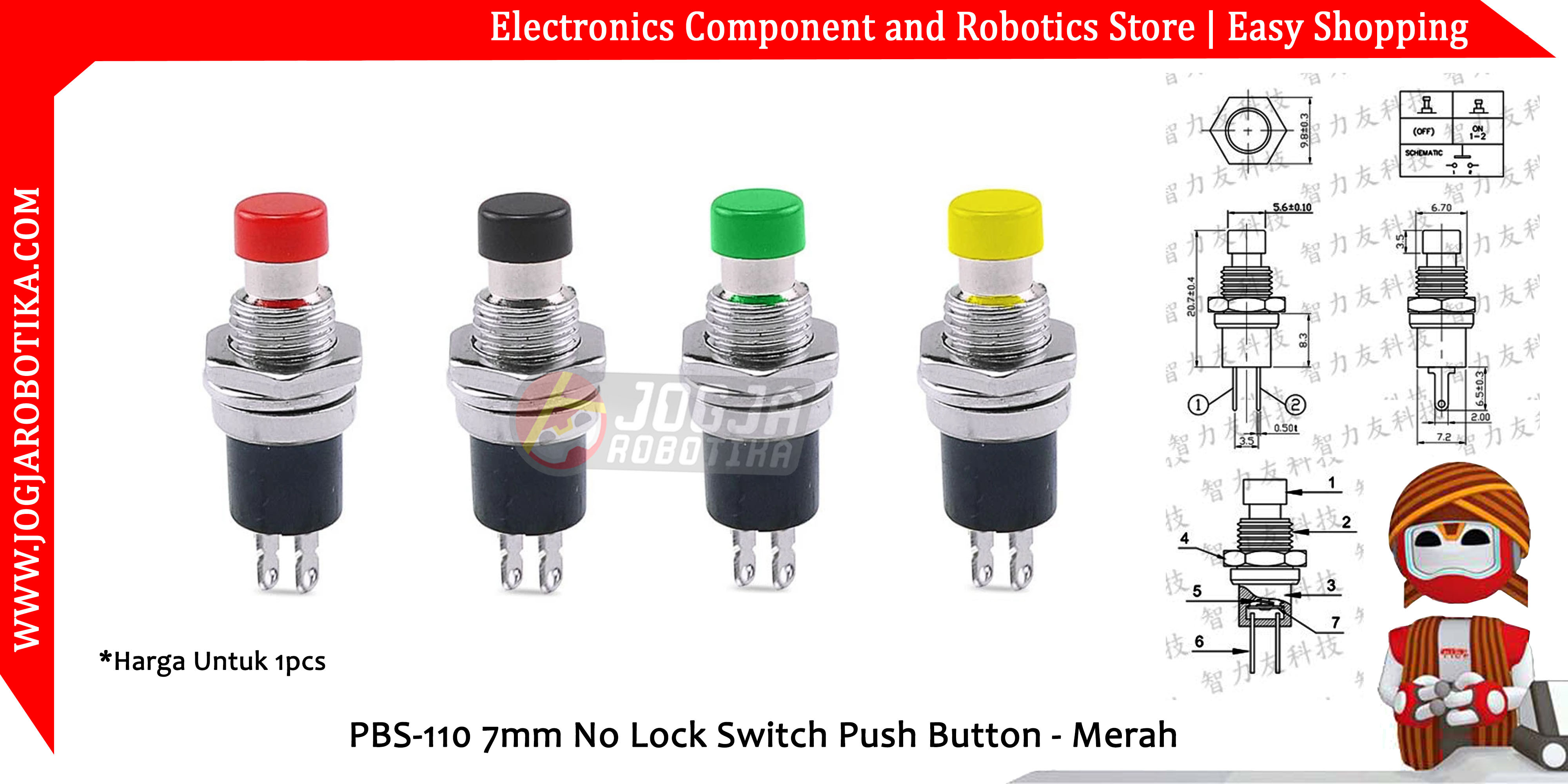 PBS-110 7mm No Lock Switch Push Button - Merah