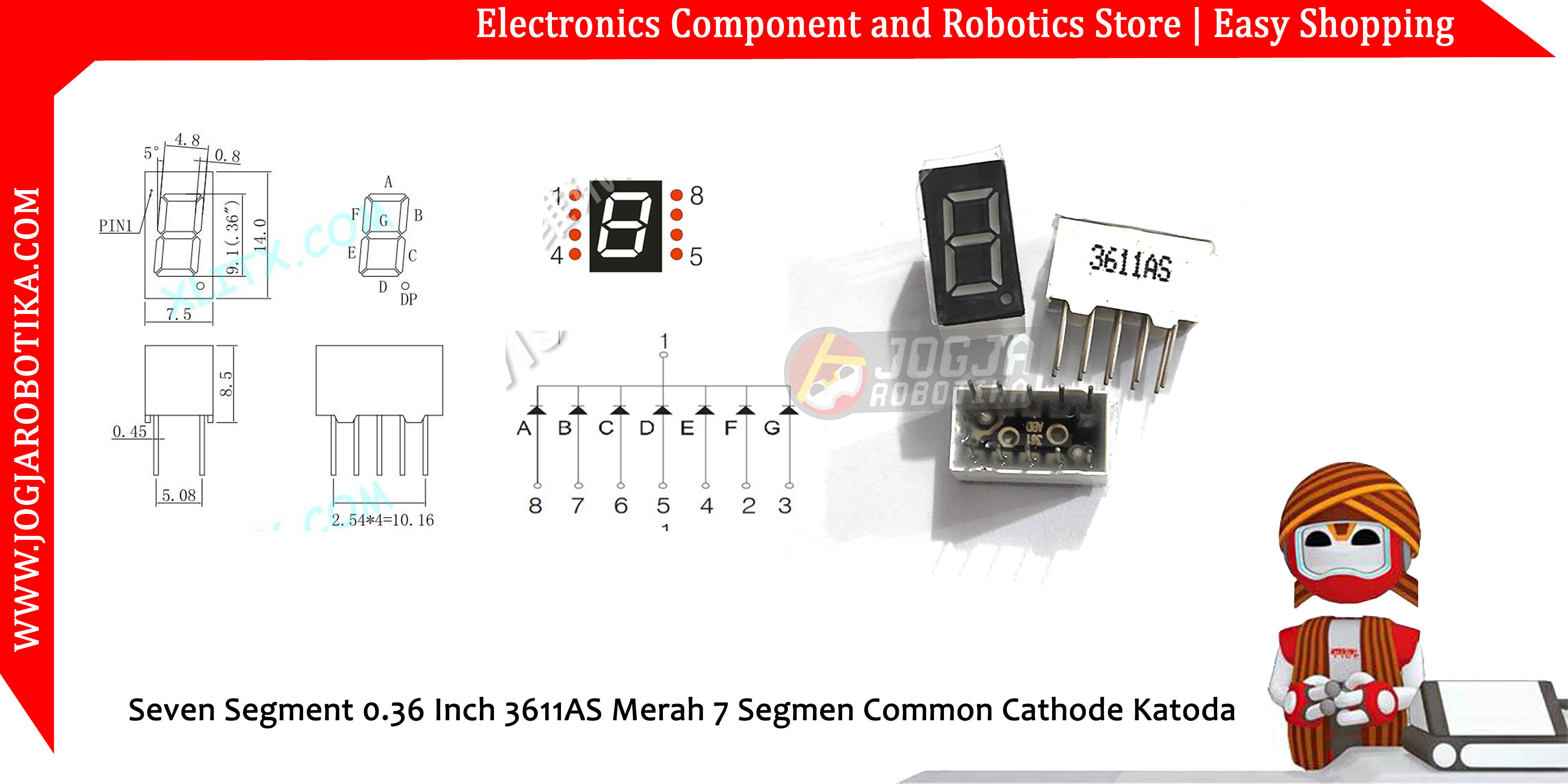 Seven Segment 0.36 Inch 3611AS Merah 7 Segmen Common Cathode Katoda