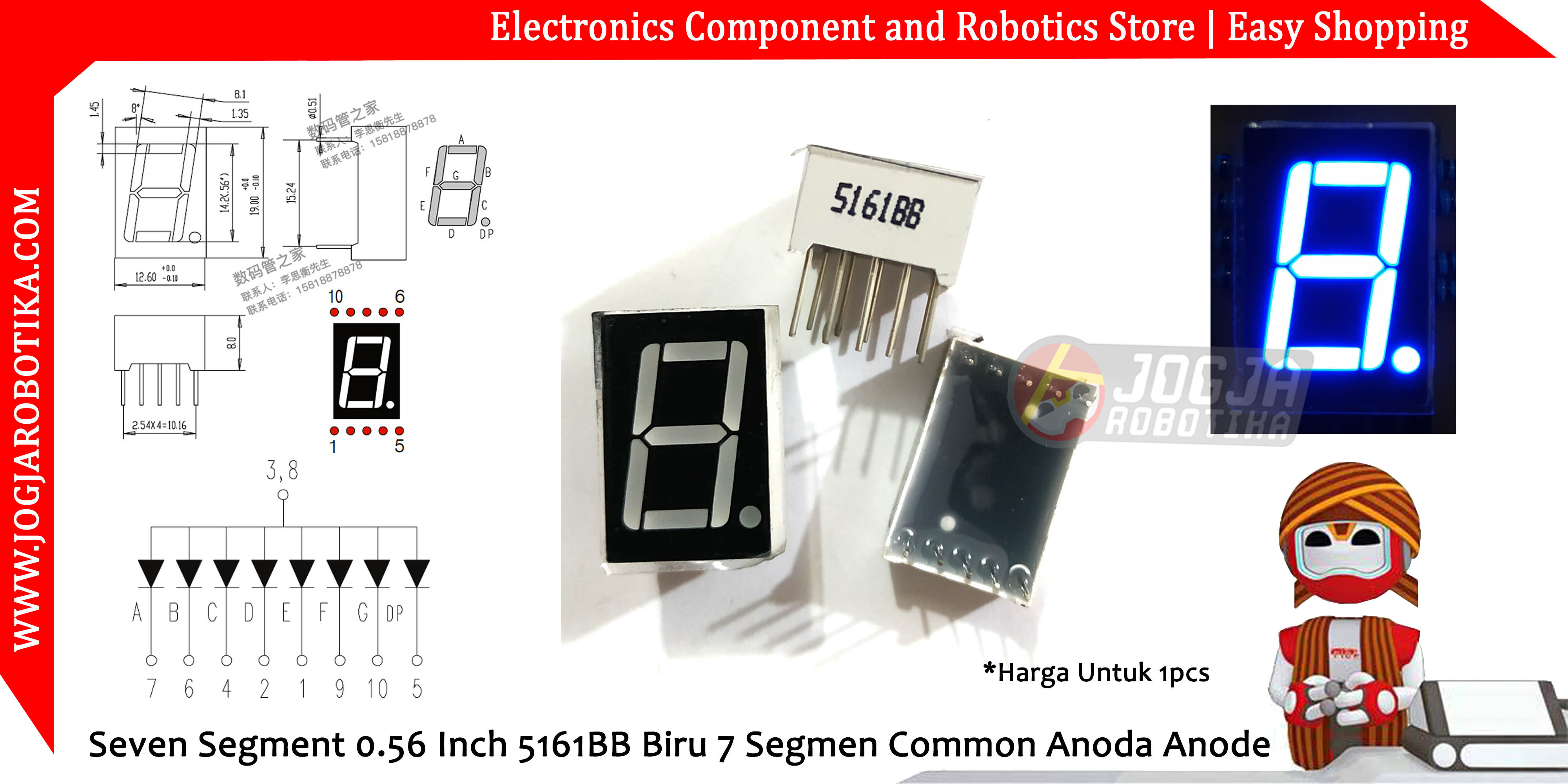 Seven Segment 0.56 Inch 5161BB Biru 7 Segmen Common Anoda Anode