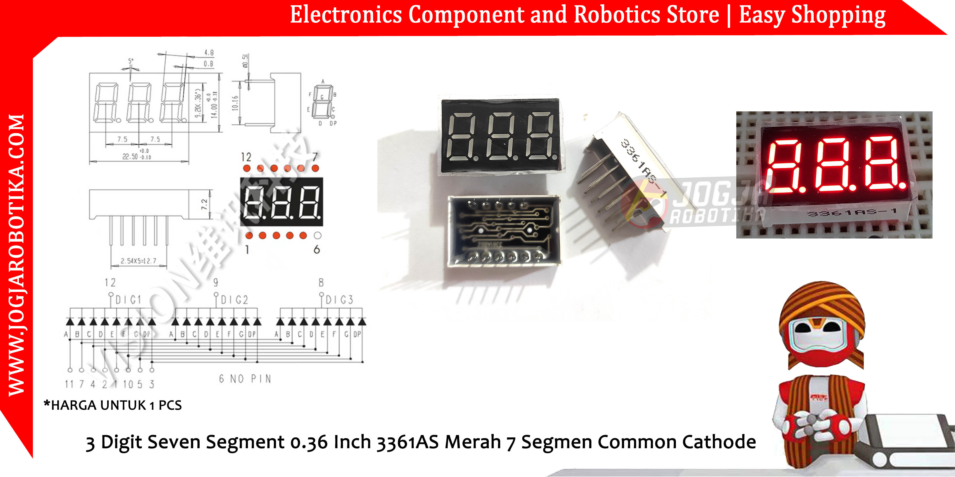 3 Digit Seven Segment 0.36 Inch 3361AS Merah 7 Segmen Common Cathode