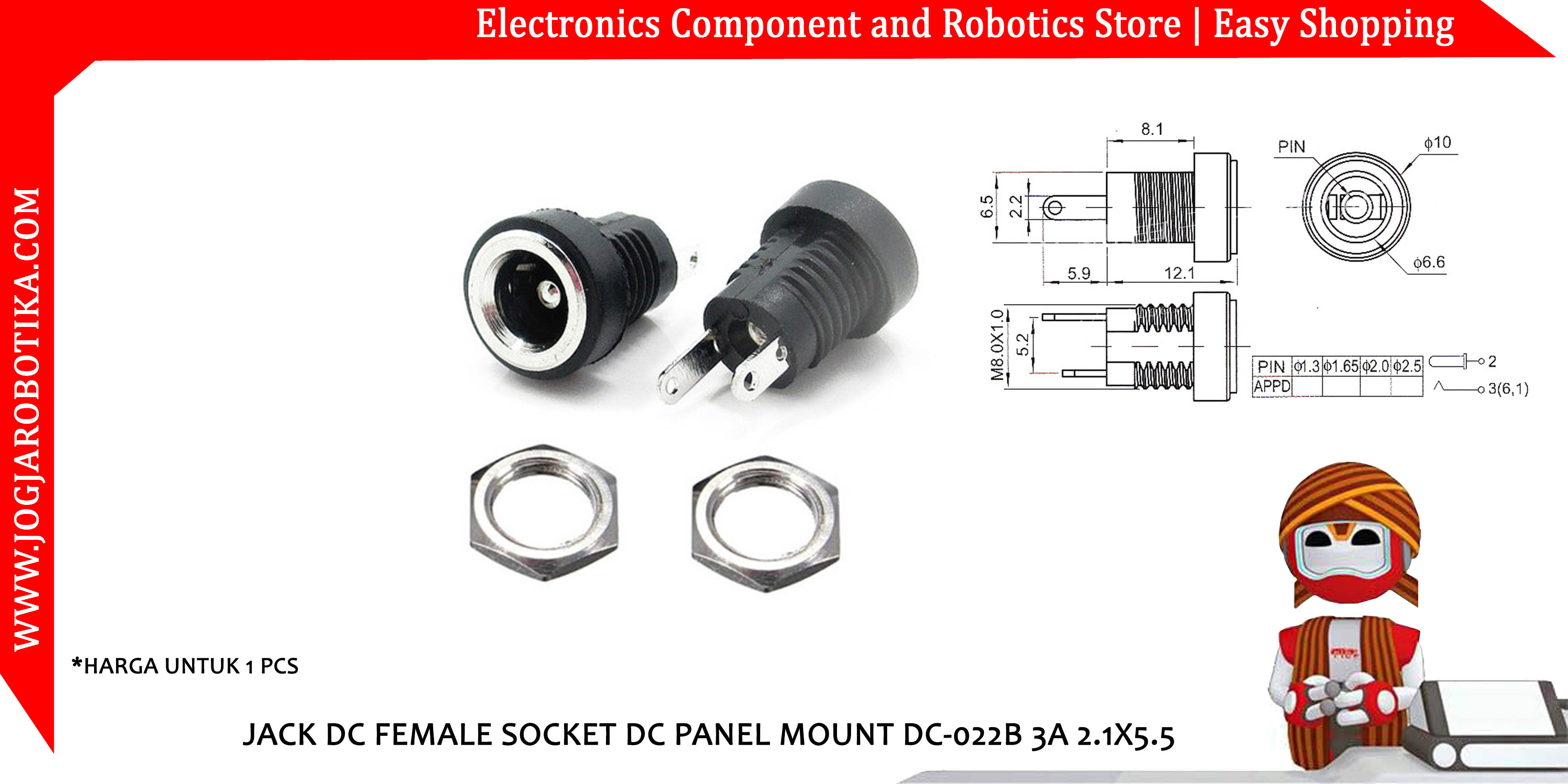 JACK DC FEMALE SOCKET DC PANEL MOUNT DC-022B 3A 2.1X5.5