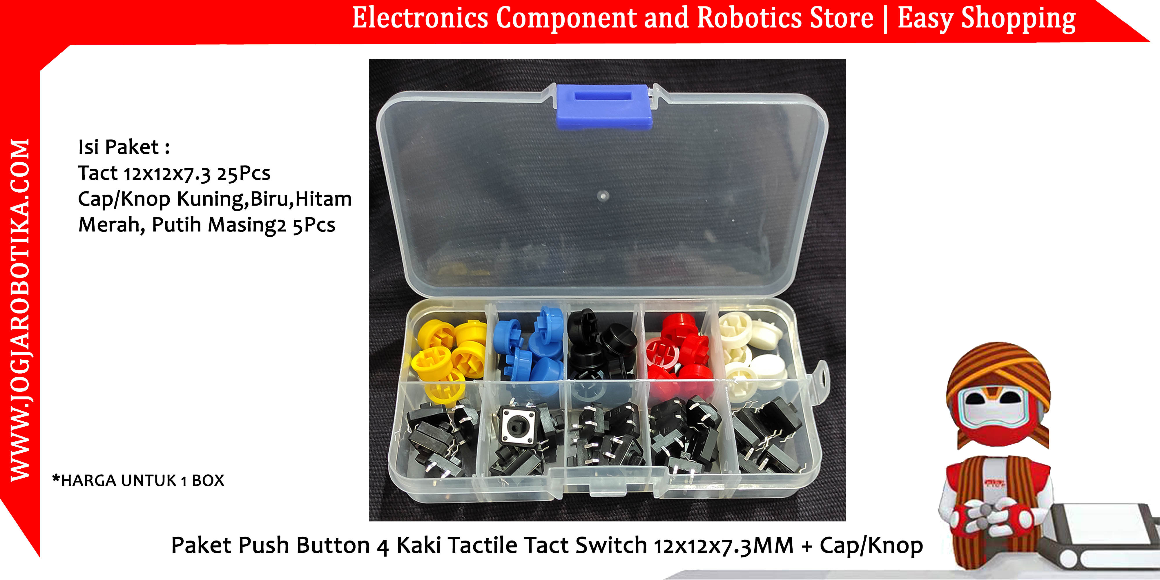 Paket Push Button 4 Kaki Tactile Tact Switch 12x12x7.3MM + Cap/Knop
