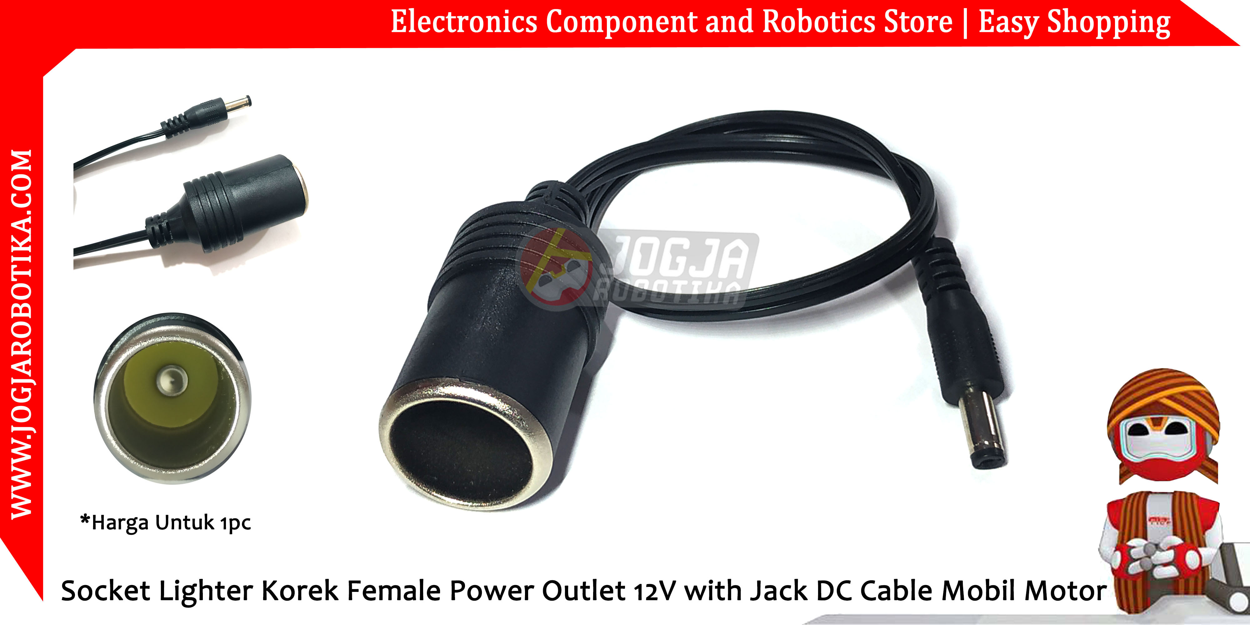 Socket Lighter Korek Female Power Outlet 12V with Jack DC Cable Mobil Motor