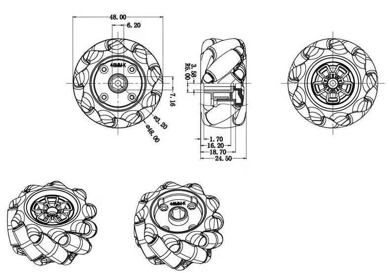 1 Set 48mm Plastic Mecanum Wheel with 4MM Motor Coupling