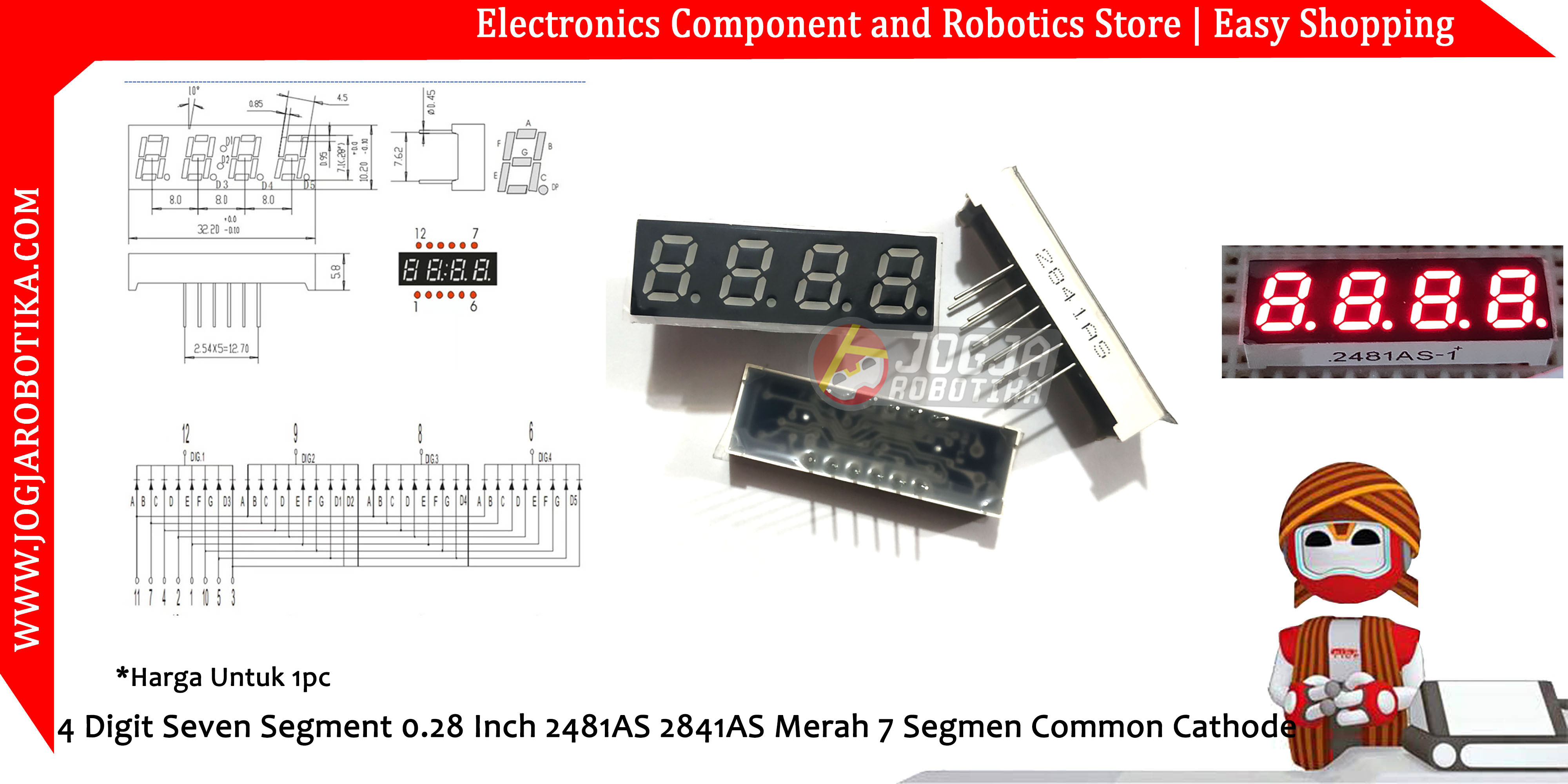 4 Digit Seven Segment 0.28 Inch 2481AS 2841AS Merah 7 Segmen Common Cathode