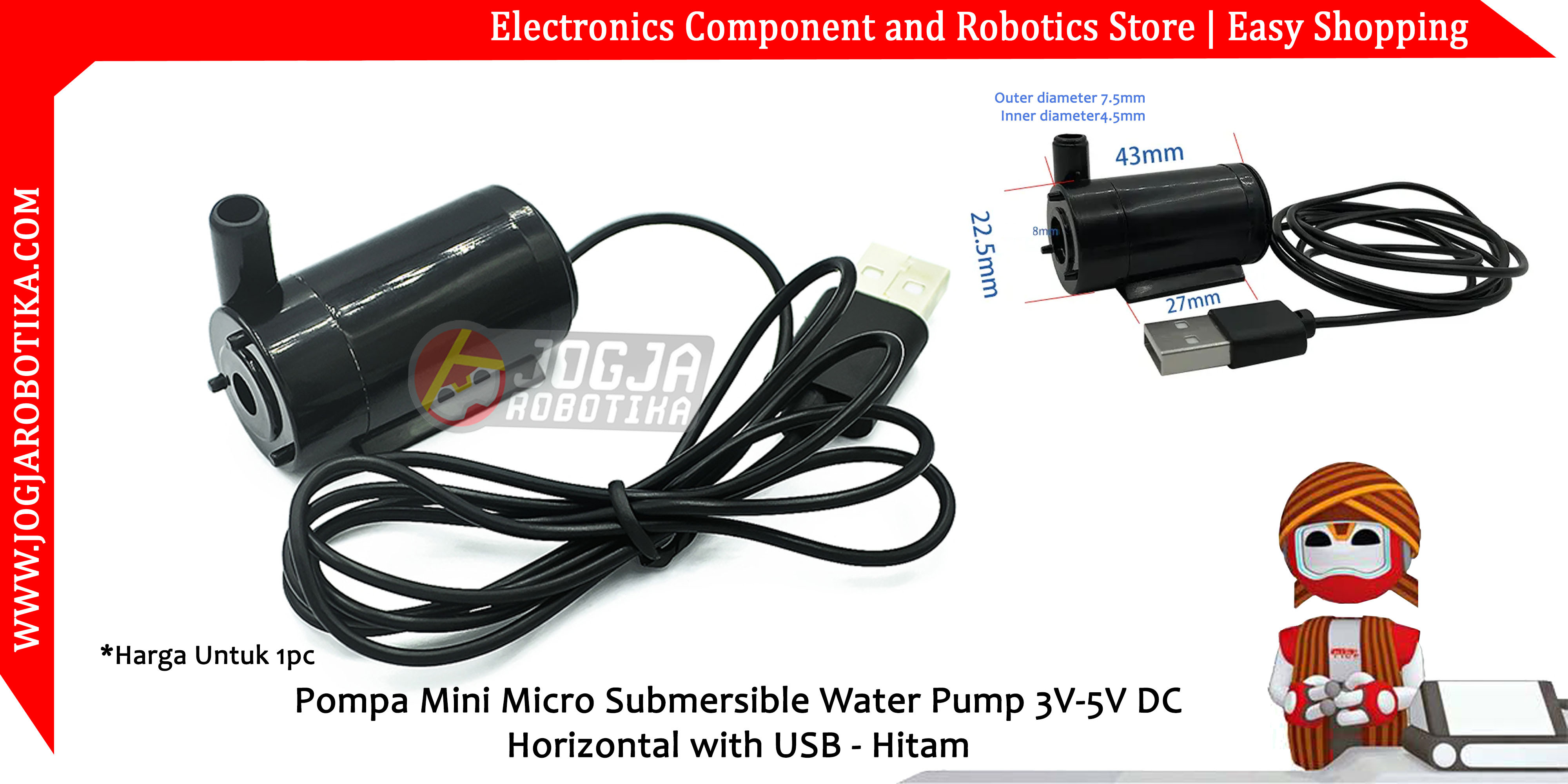 Pompa Mini Micro Submersible Water Pump 3V-5V DC Horizontal with USB - Hitam