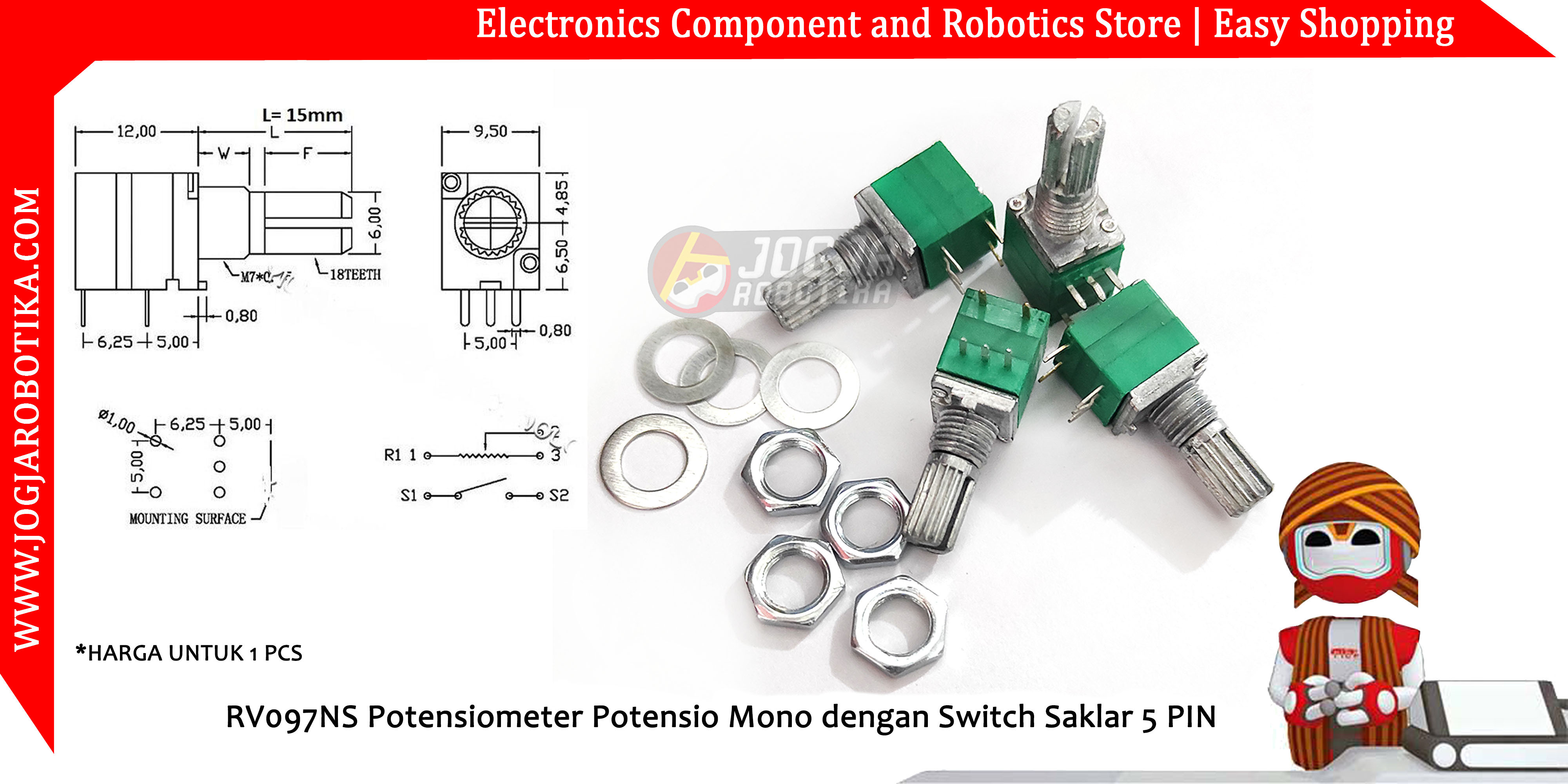 RV097NS Potensiometer Potensio Mono dengan Switch Saklar 5 PIN 20K