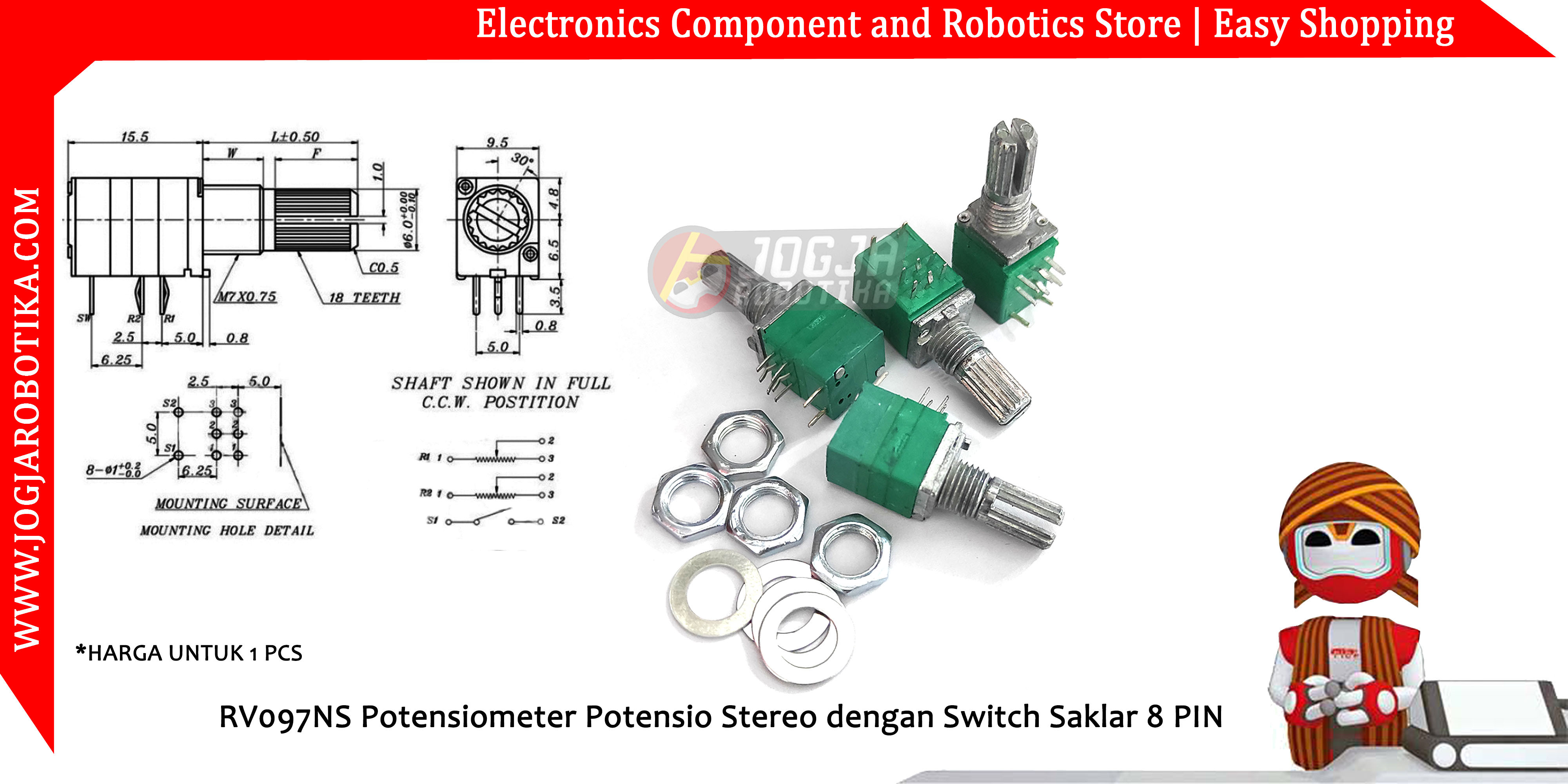 RV097NS Potensiometer Potensio Stereo dengan Switch Saklar 8 PIN 50K