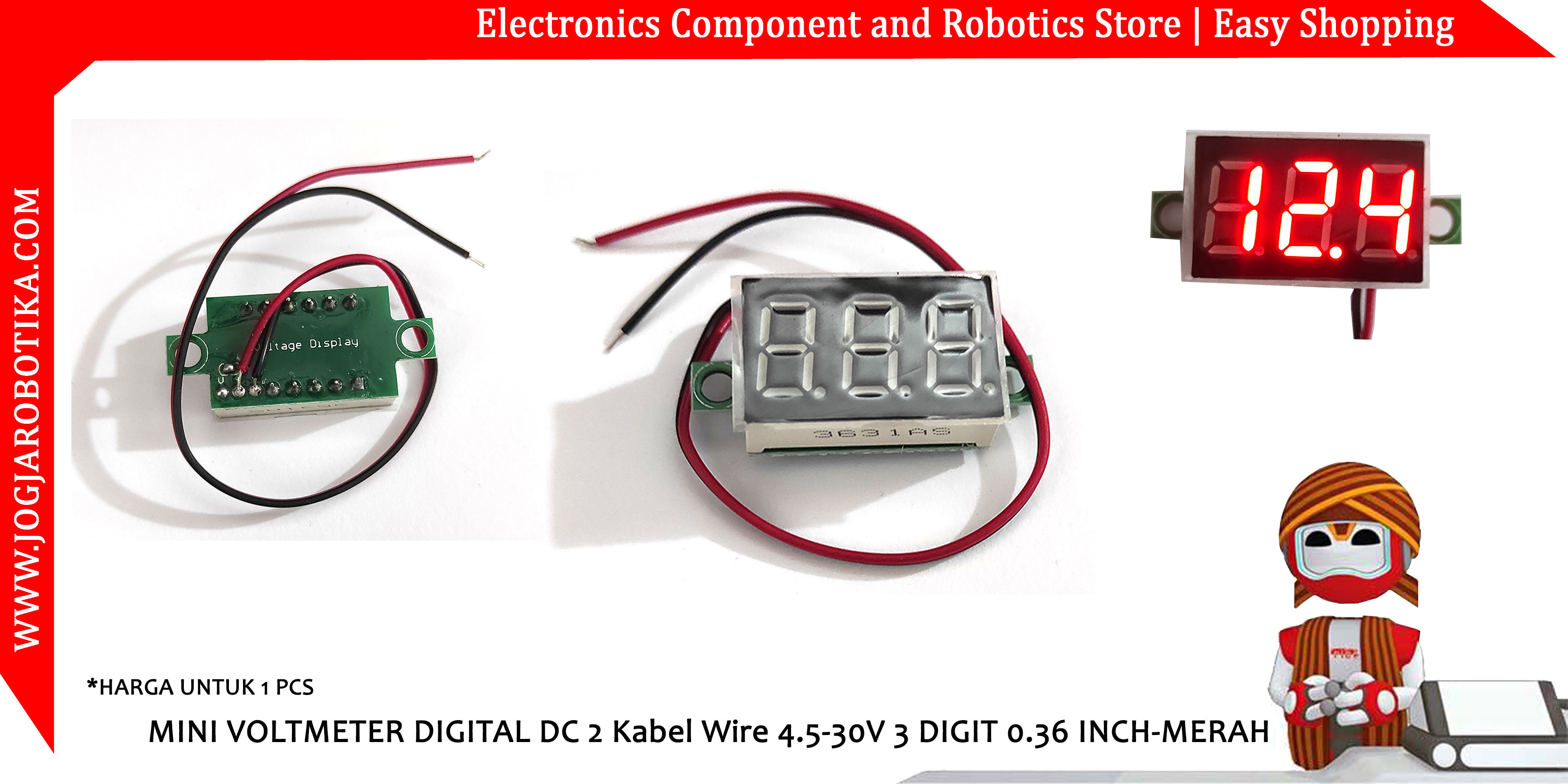 MINI VOLTMETER DIGITAL DC 2 Kabel Wire 4.5-30V 3 DIGIT 0.36 INCH-MERAH