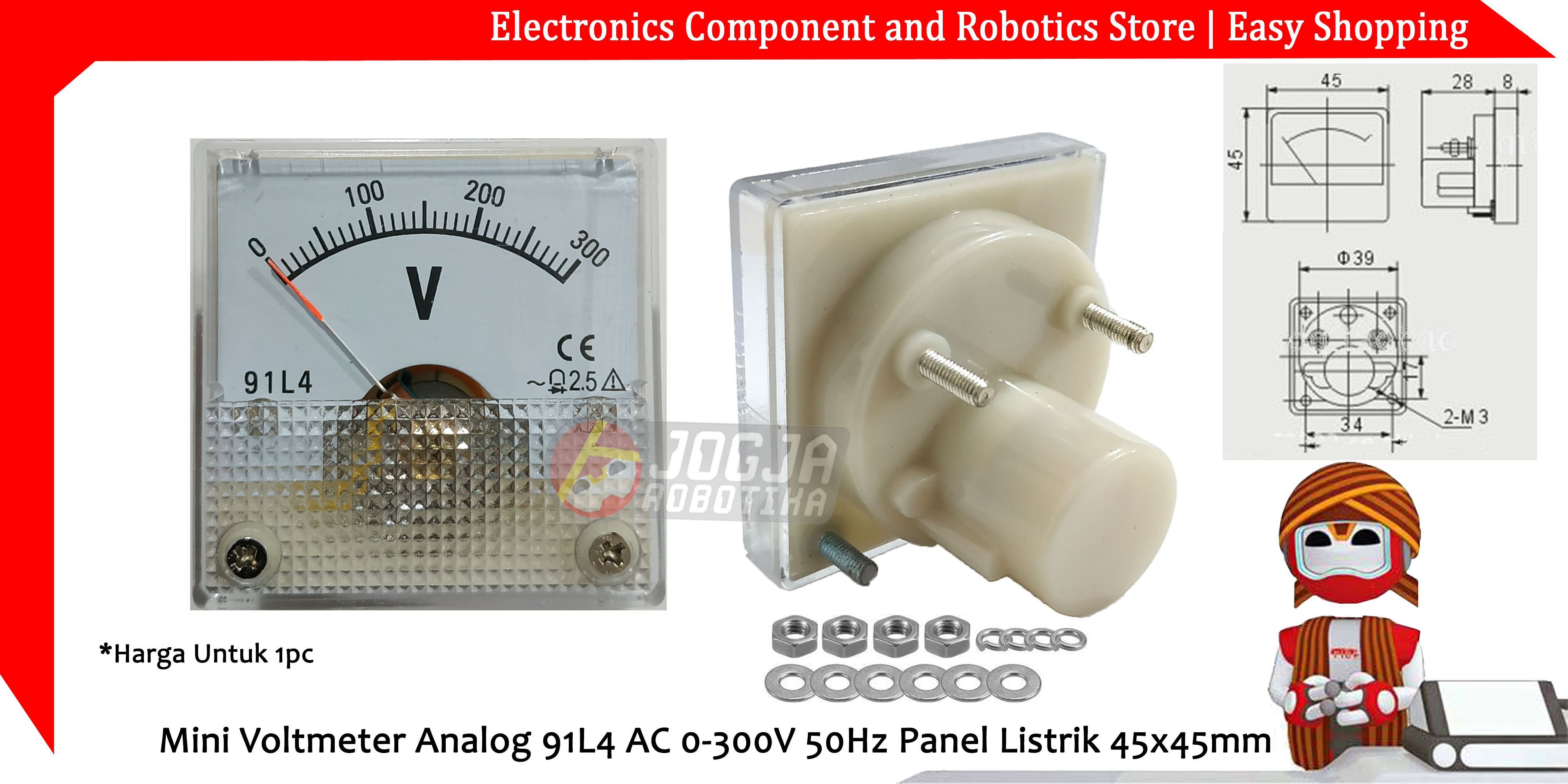 Mini Voltmeter Analog 91L4 AC 0-300V 50Hz Panel Listrik 45x45mm