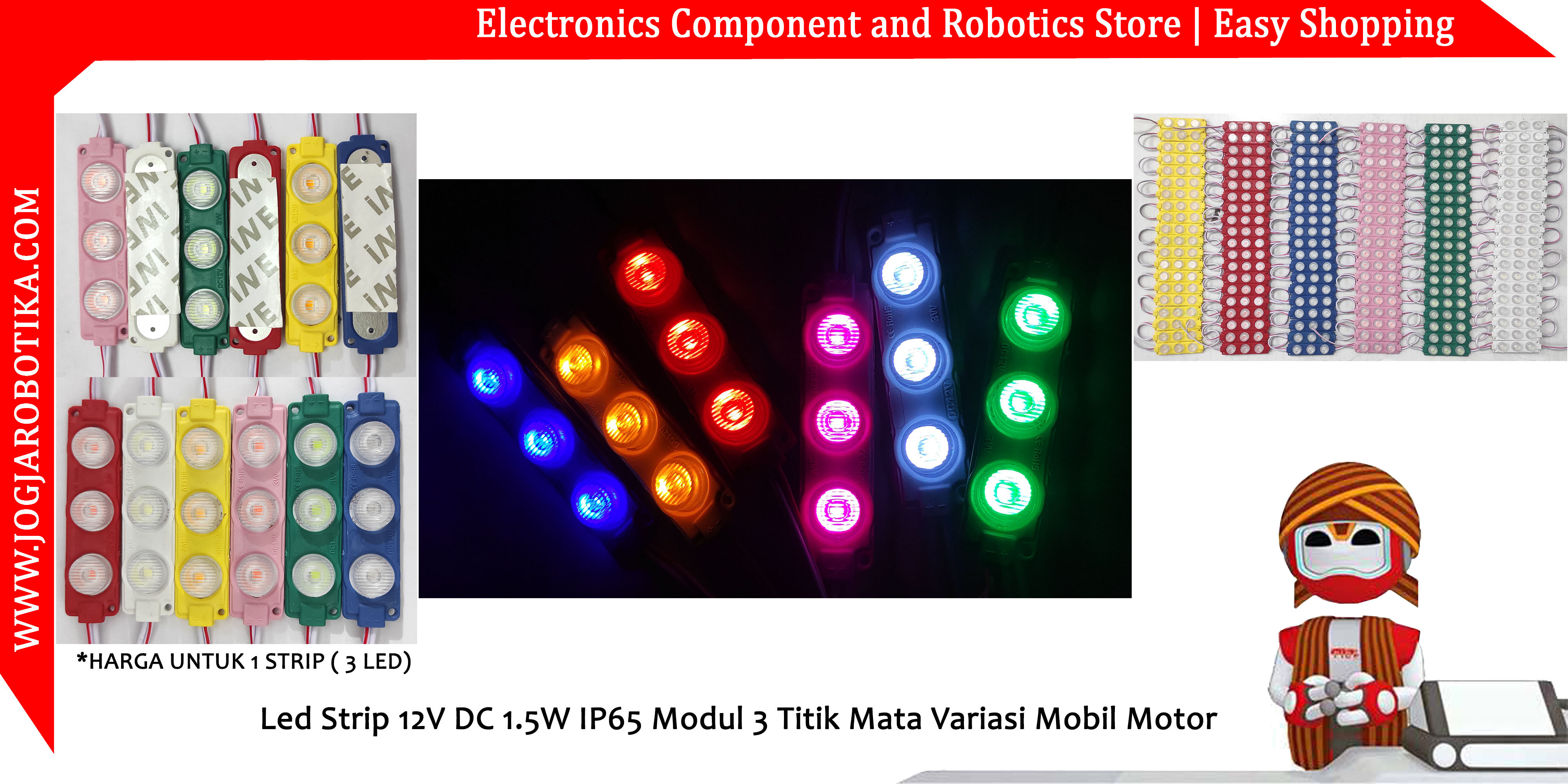 Led Strip 12V DC 1.5W IP65 Modul 3 Titik Mata Variasi Mobil Motor-Kuning