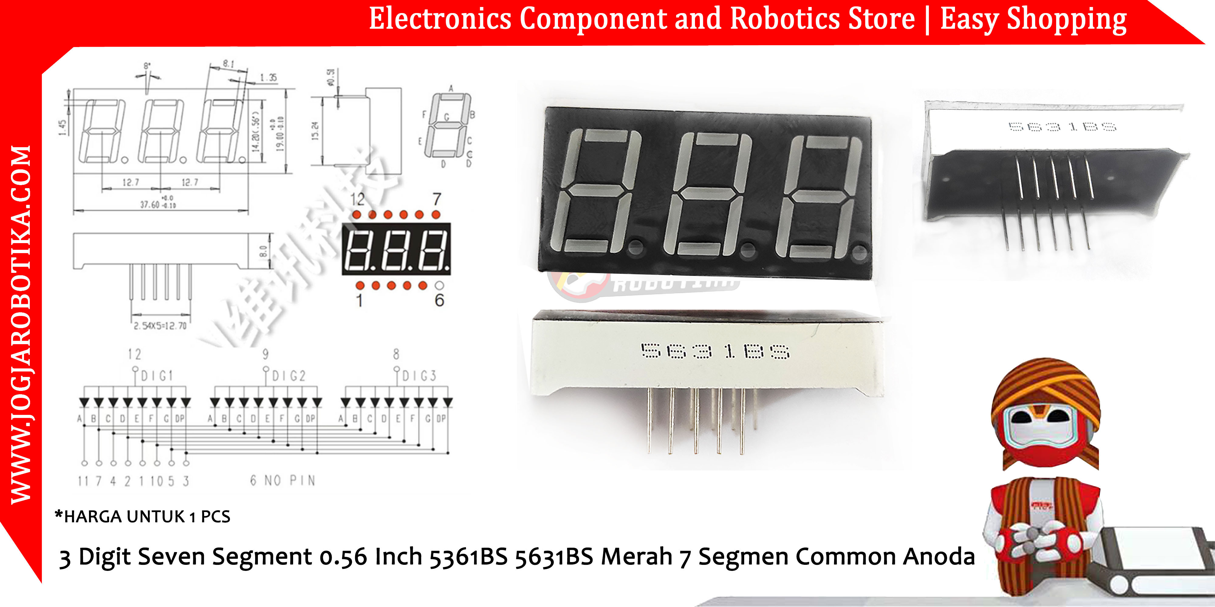 3 Digit Seven Segment 0.56 Inch 5361BS 5631BS Merah 7 Segmen Common Anoda