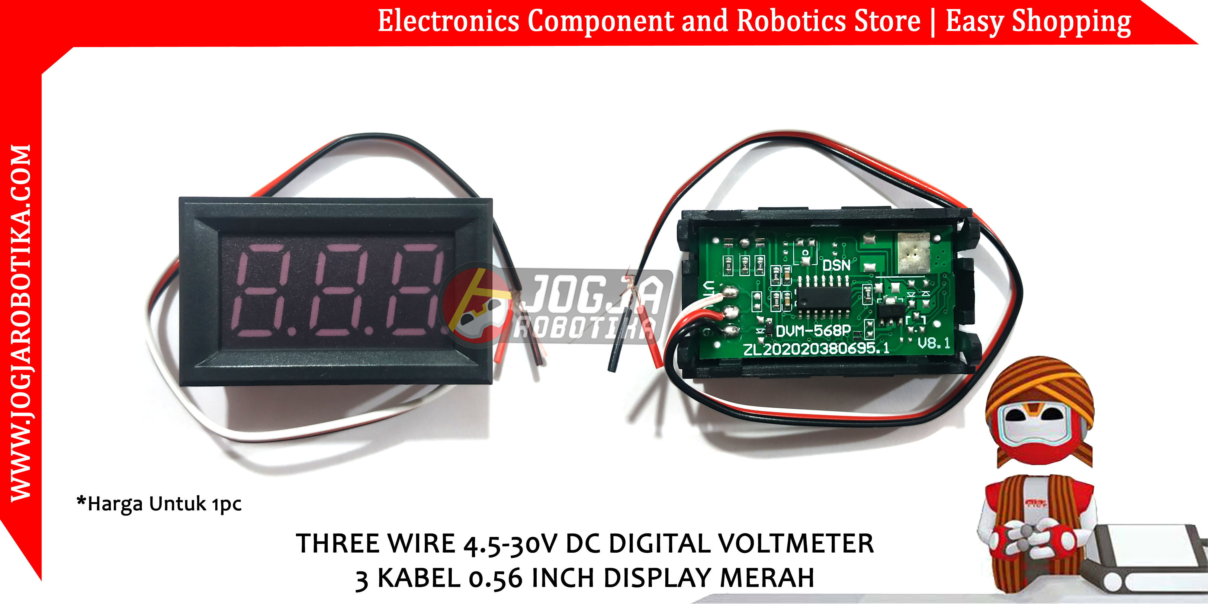 Two Wire 4.5-30V DC Digital Voltmeter 2 Kabel 0.56 Inch Display Merah