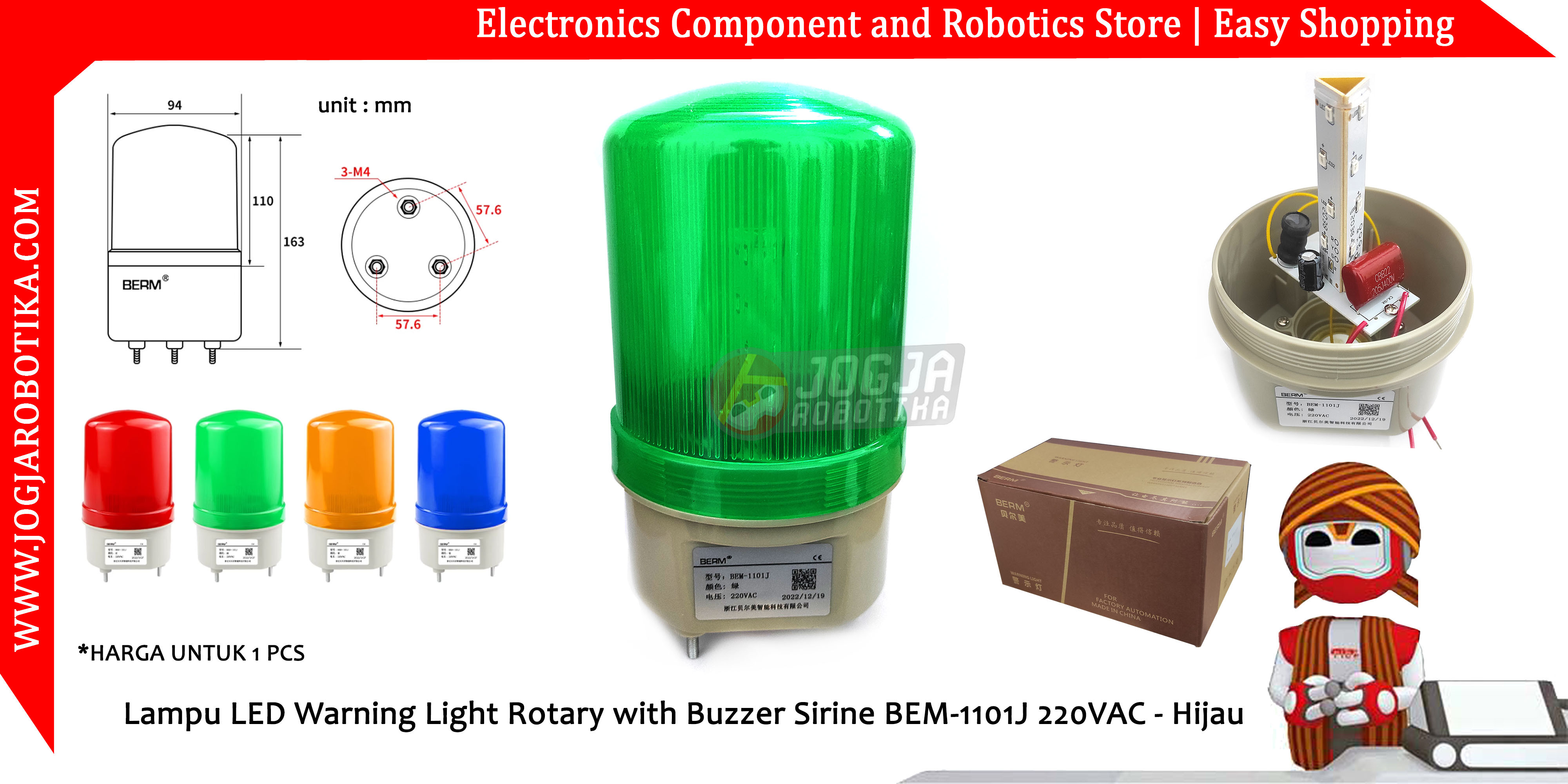 Lampu LED Warning Light Rotary with Buzzer Sirine BEM-1101J 220VAC - Hijau