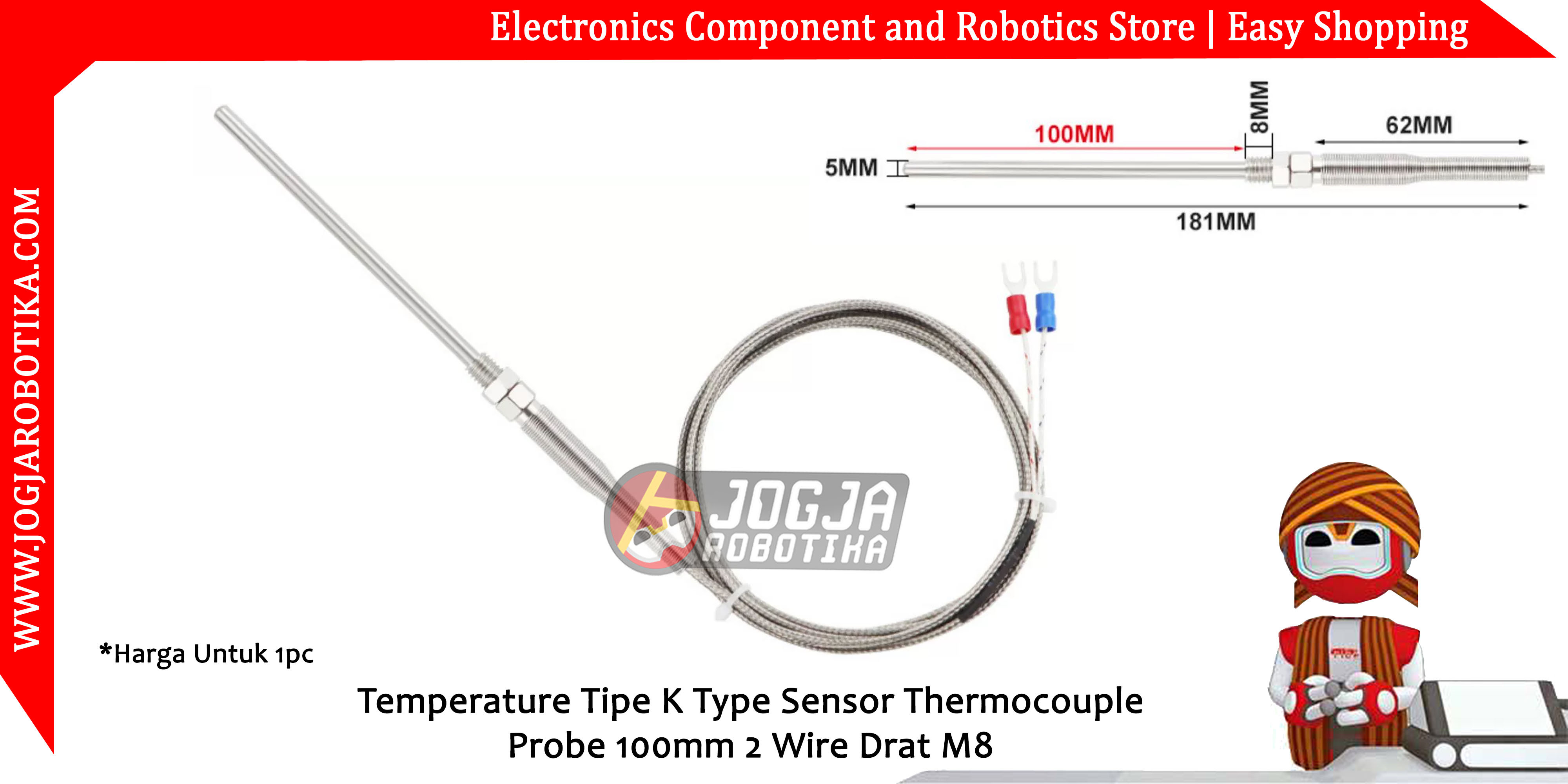 Temperature Tipe K Type Sensor Thermocouple Probe 100mm 2 Wire Drat M8 - 2 Meter