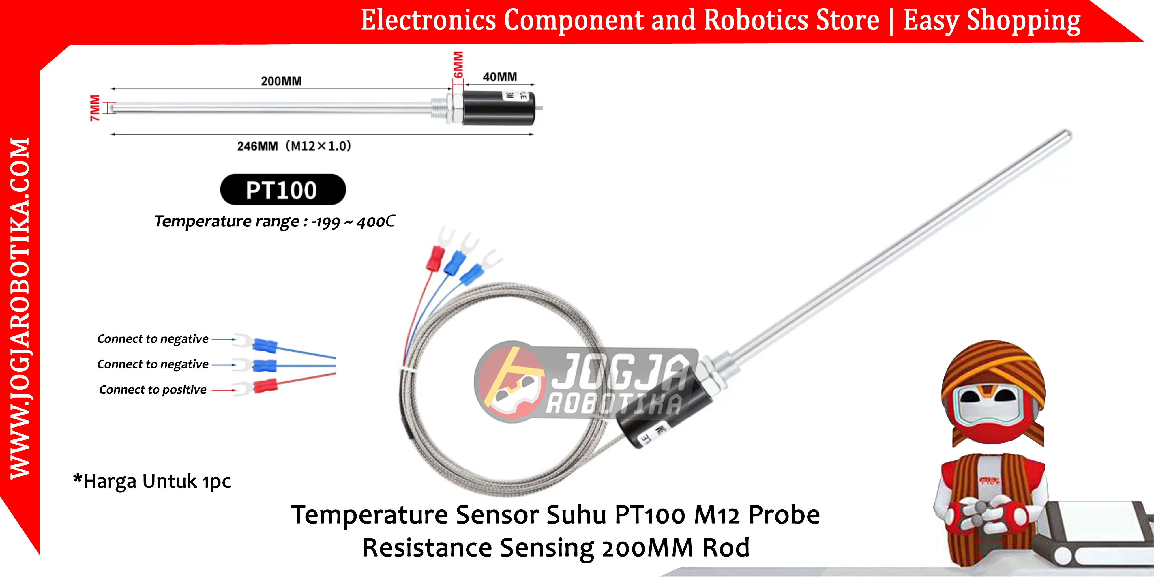 Temperature Sensor Suhu PT100 M12 Probe Resistance Sensing 200MM Rod - 1 Meter