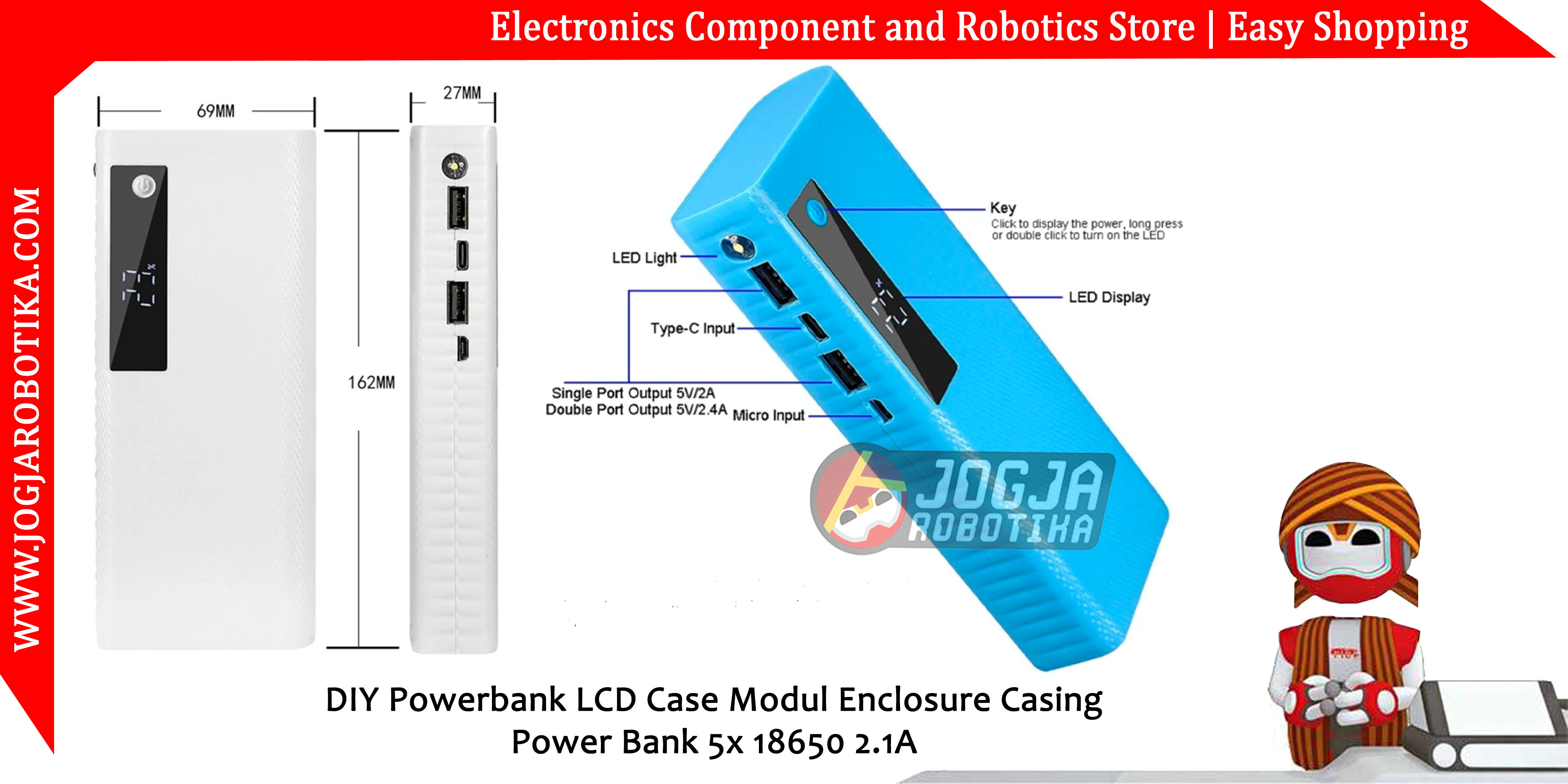 DIY Powerbank LCD Case Modul Enclosure Casing Power Bank 5x 18650 2.1A -Biru