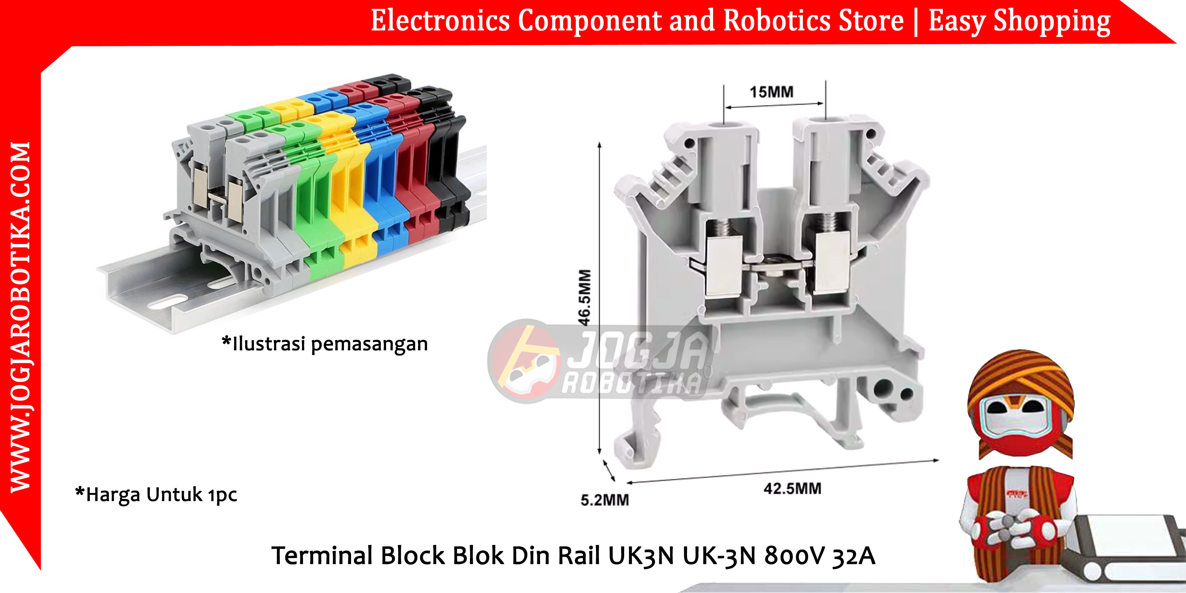 Terminal Block Blok Din Rail UK3N UK-3N 800V 32A