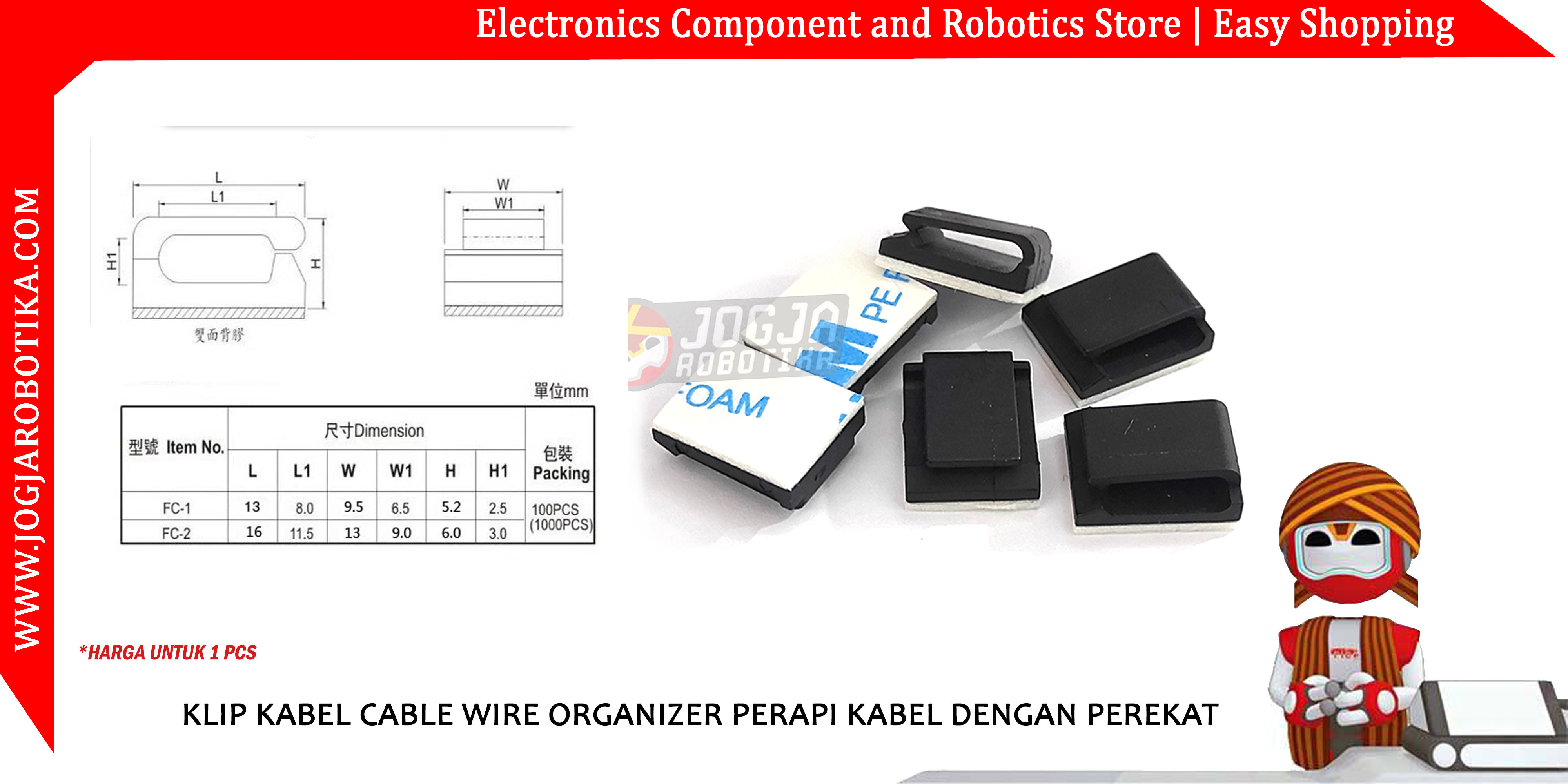 FC-2 KLIP KABEL CABLE WIRE ORGANIZER PERAPI KABEL DENGAN PEREKAT - HITAM