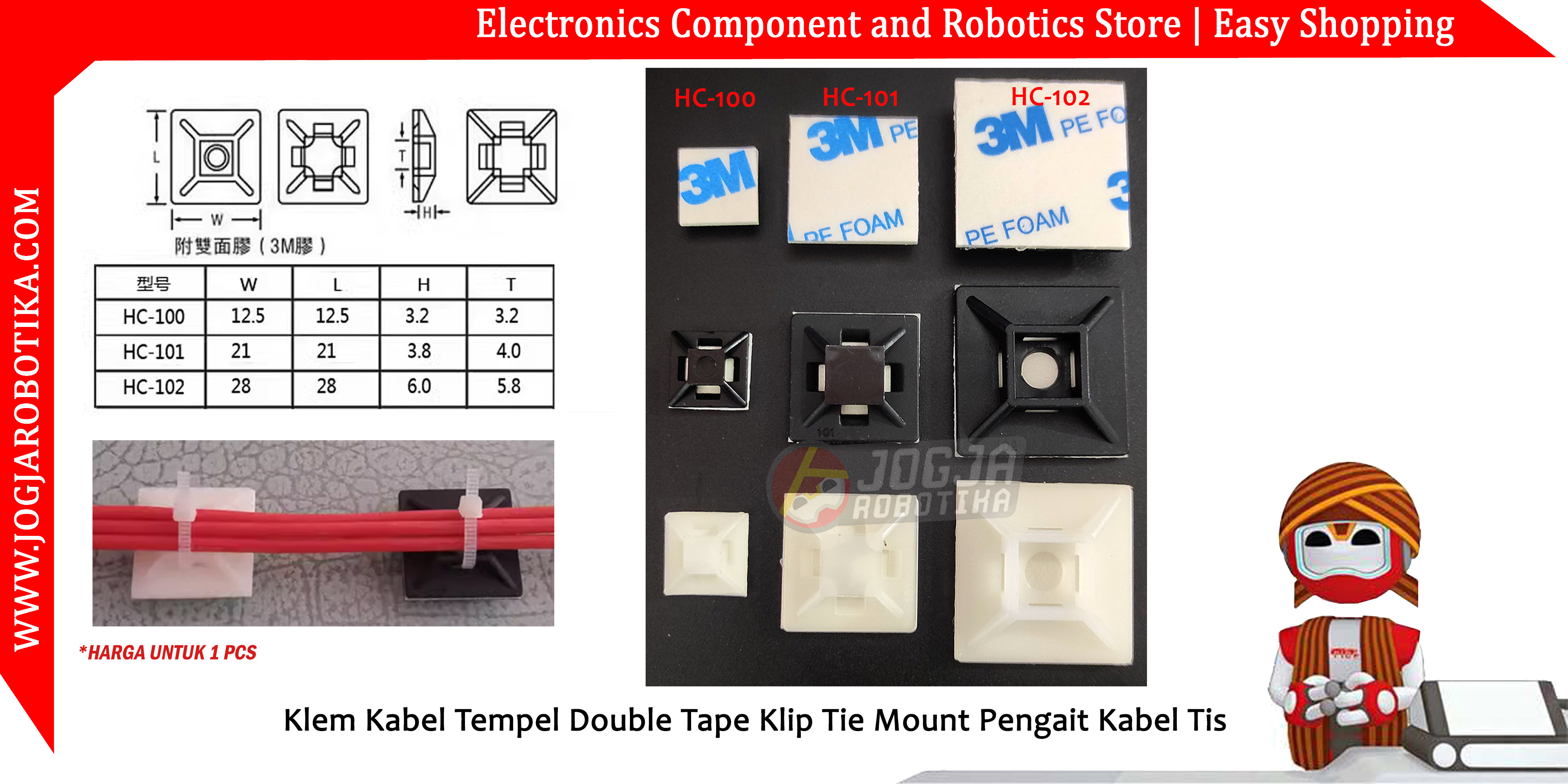 Klem Kabel Tempel Double Tape Klip Tie Mount Pengait Kabel Tis HC-101 Hitam