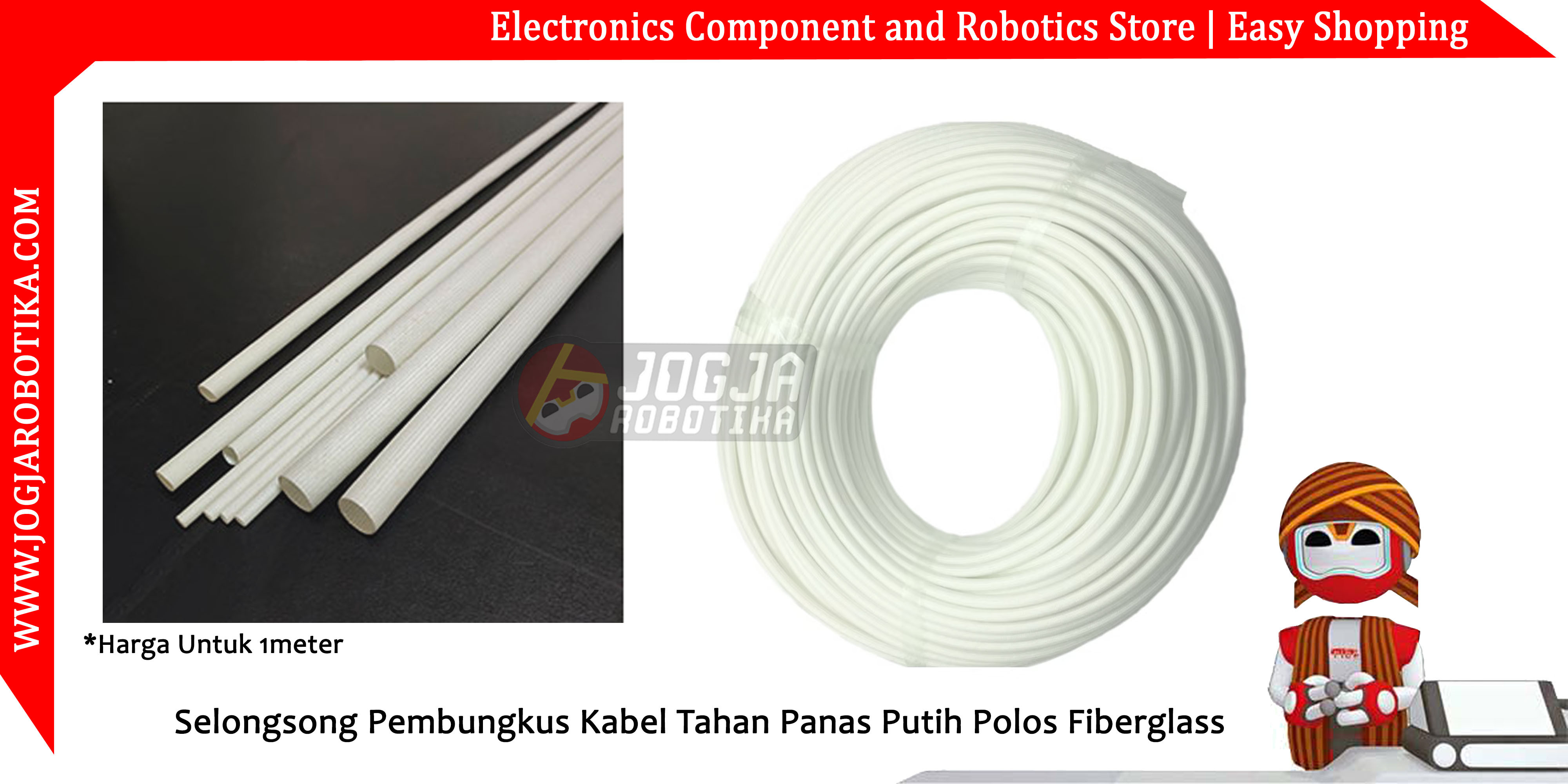 Selongsong Pembungkus Kabel Tahan Panas Putih Polos Fiberglass Sleeve - 5mm