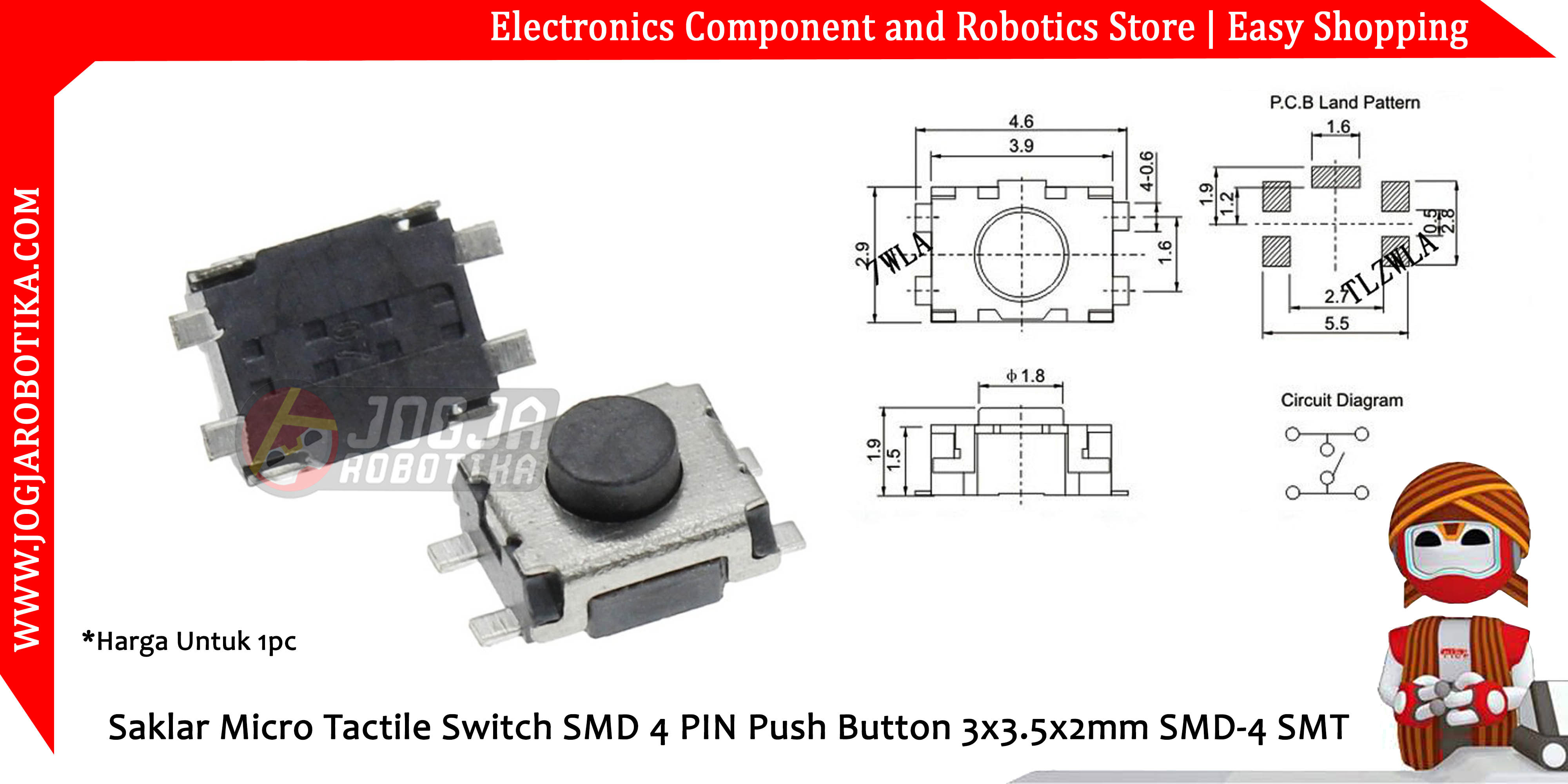 Saklar Micro Tactile Switch SMD 4 PIN Push Button 3x3.5x2mm SMD-4 SMT