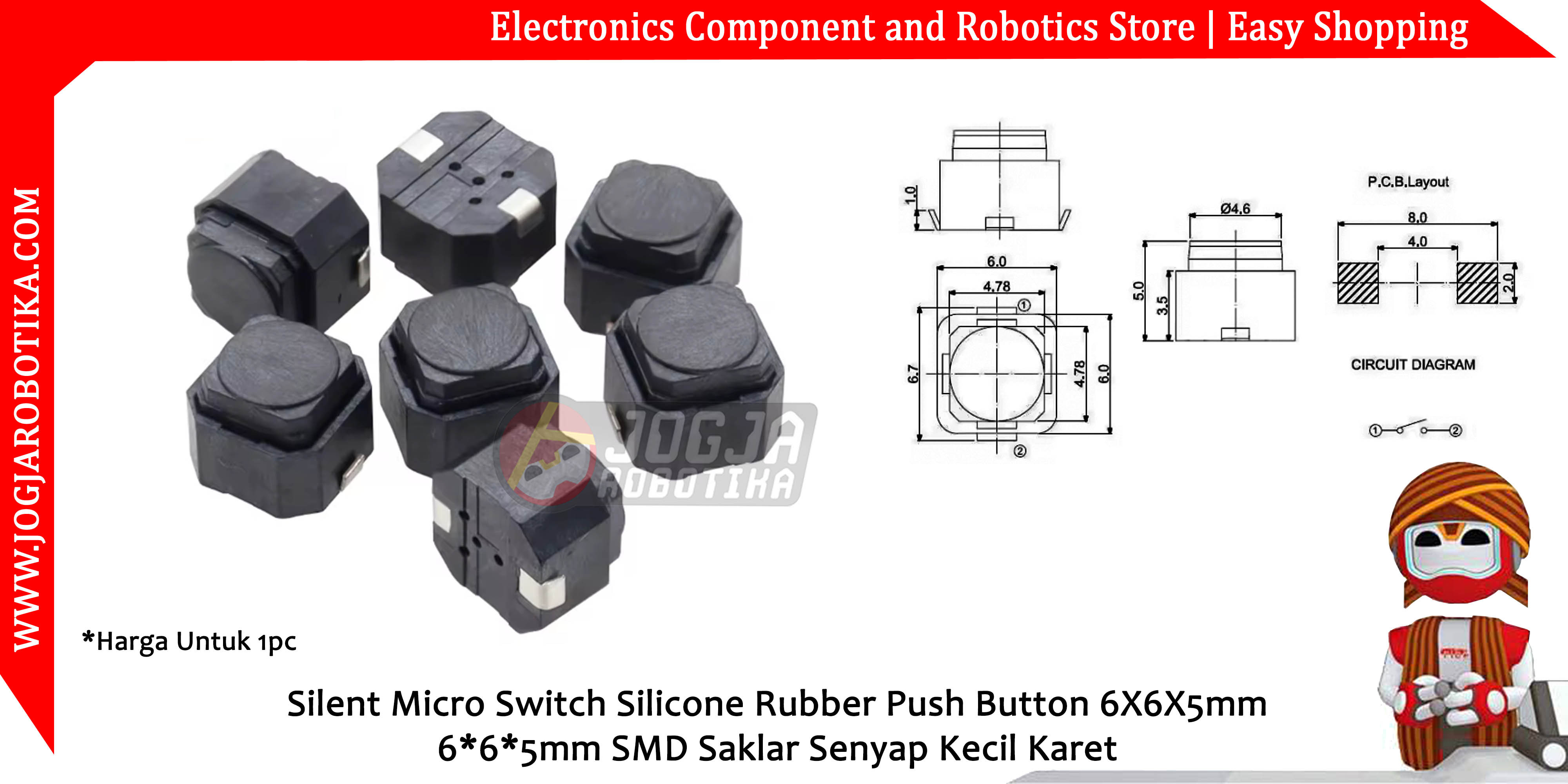 Silent Micro Switch Silicone Rubber Push Button 6X6X5mm 6*6*5mm SMD Saklar Senyap Kecil Karet