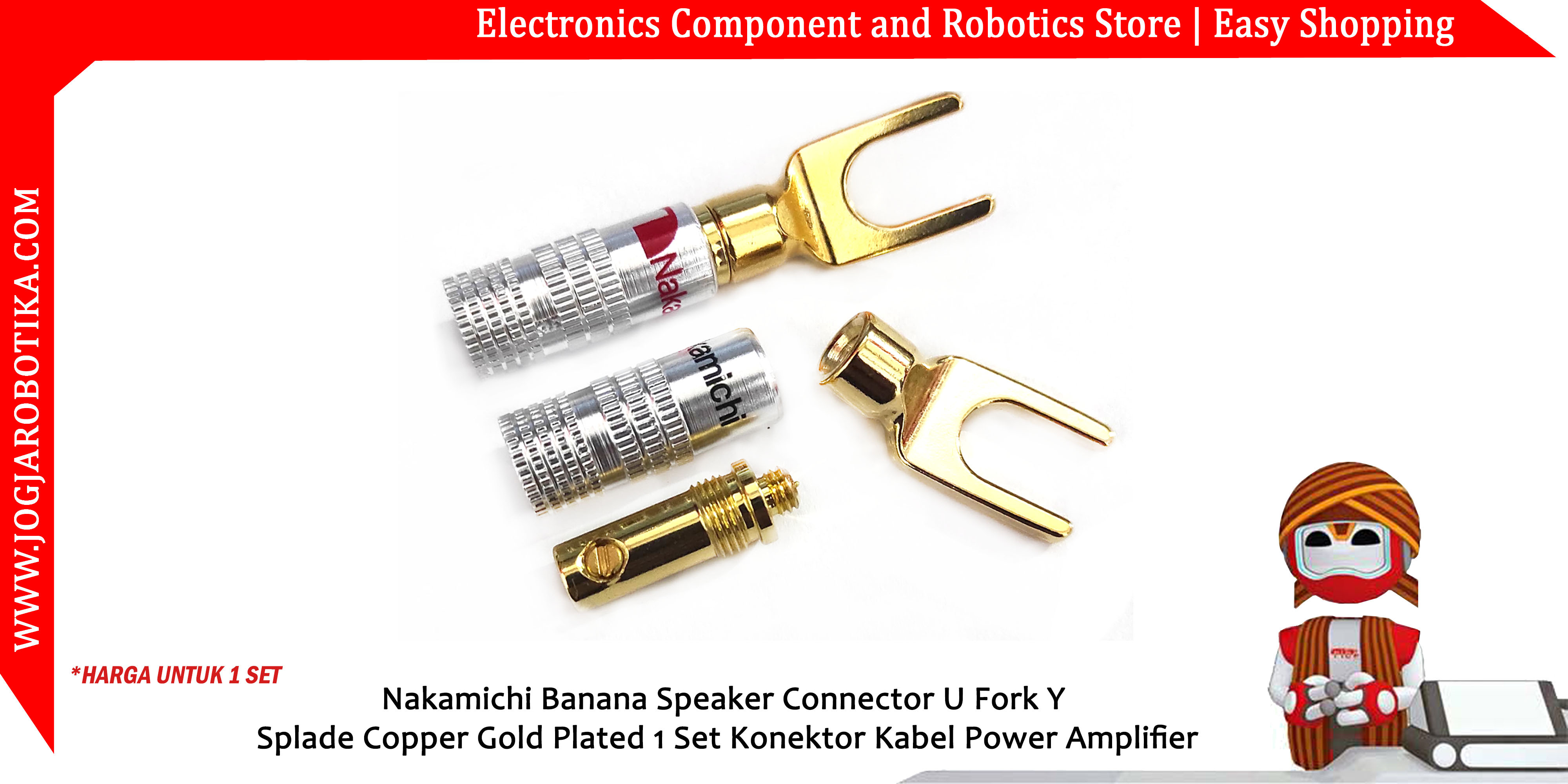 Nakamichi Banana Speaker Connector U Fork Y Splade Copper Gold Plated 1 Set Konektor Kabel Power Amplifier