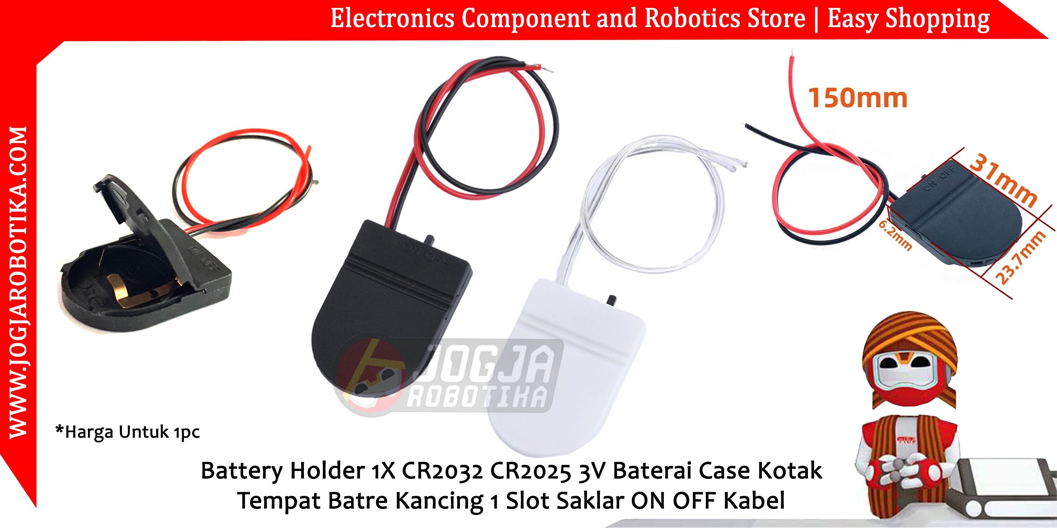 Battery Holder 1X CR2032 CR2025 3V Baterai Case Kotak Tempat Batre Kancing 1 Slot Saklar ON OFF Kabel - Putih