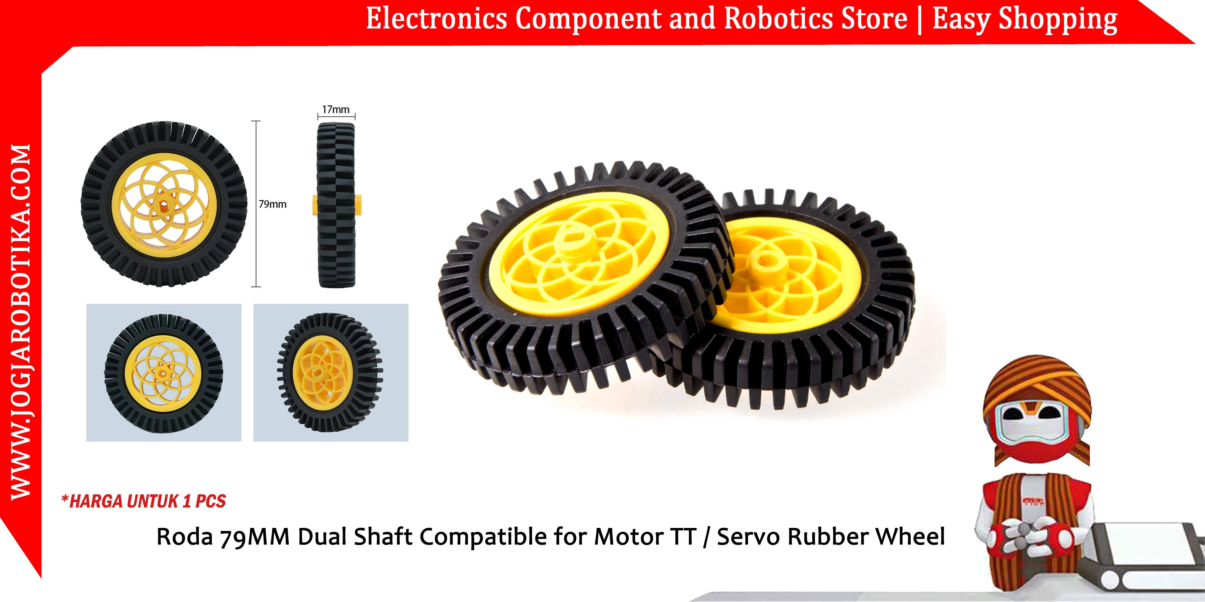 Roda 79MM Dual Shaft Compatible for Motor TT / Servo Rubber Wheel