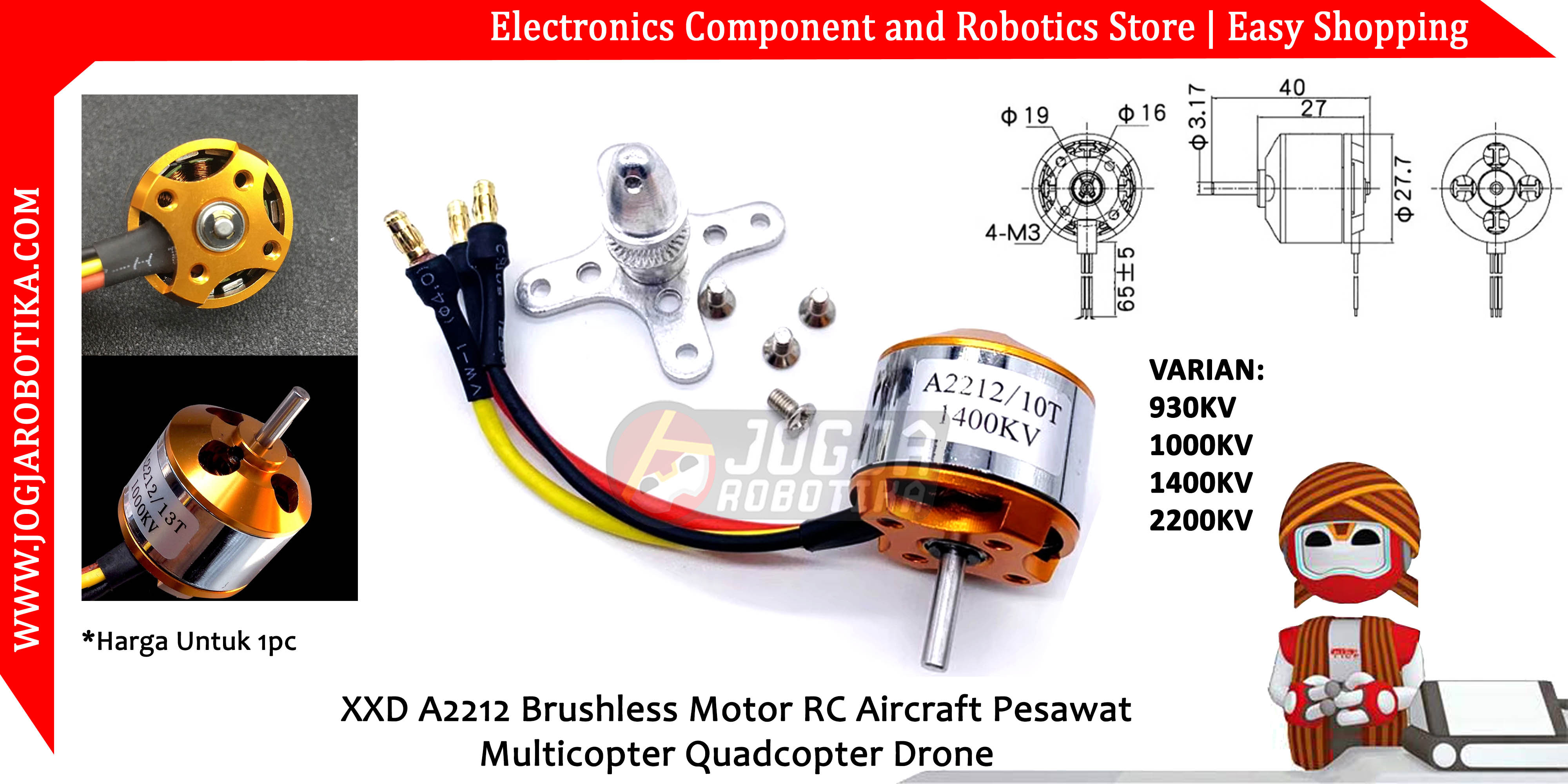 XXD A2212 Brushless Motor 930KV RC Aircraft Pesawat Multicopter Quadcopter Drone