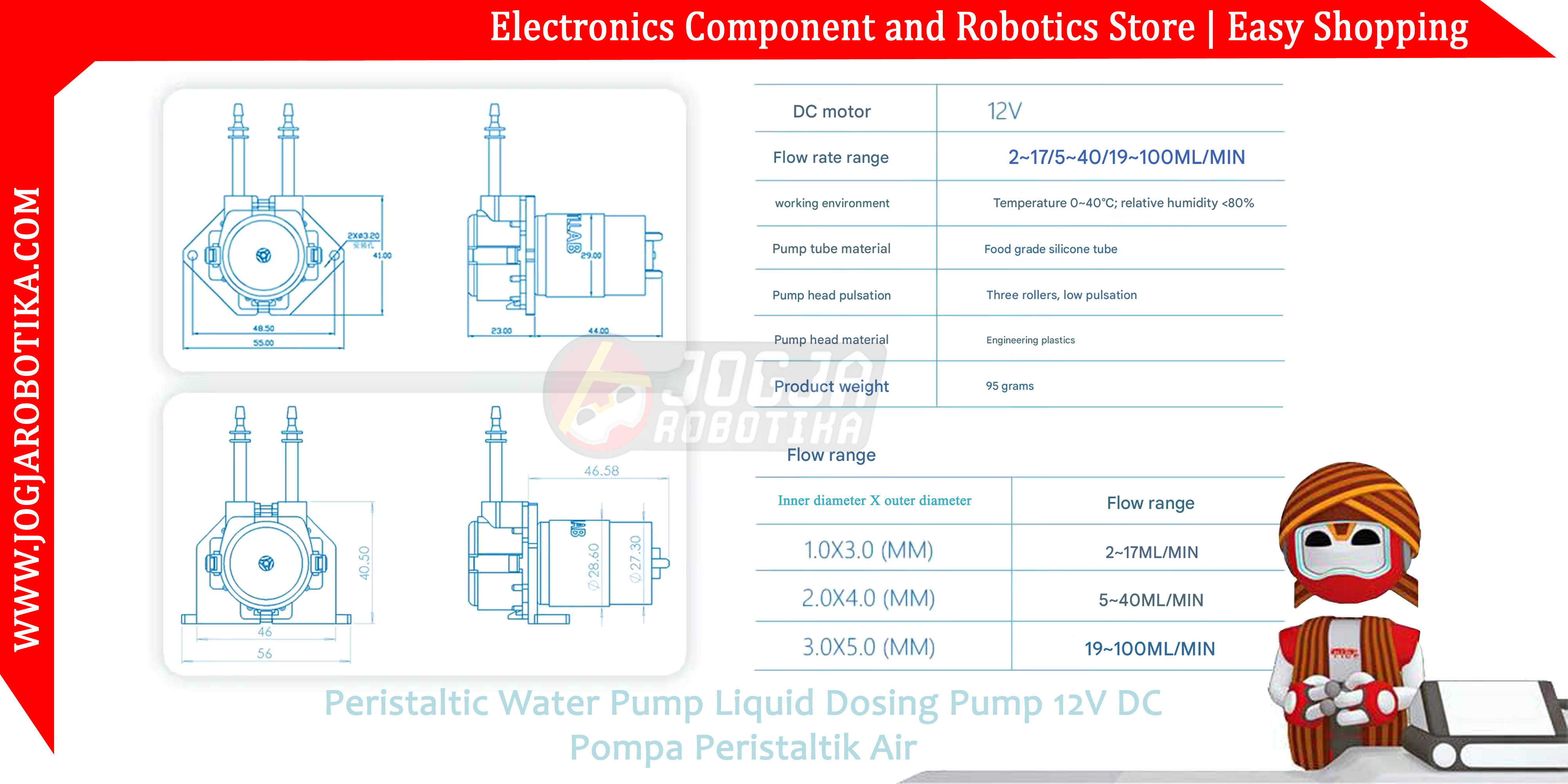 Peristaltic Water Pump Liquid Dosing Pump 12V DC 5~40mL/min Pompa Peristaltik Air