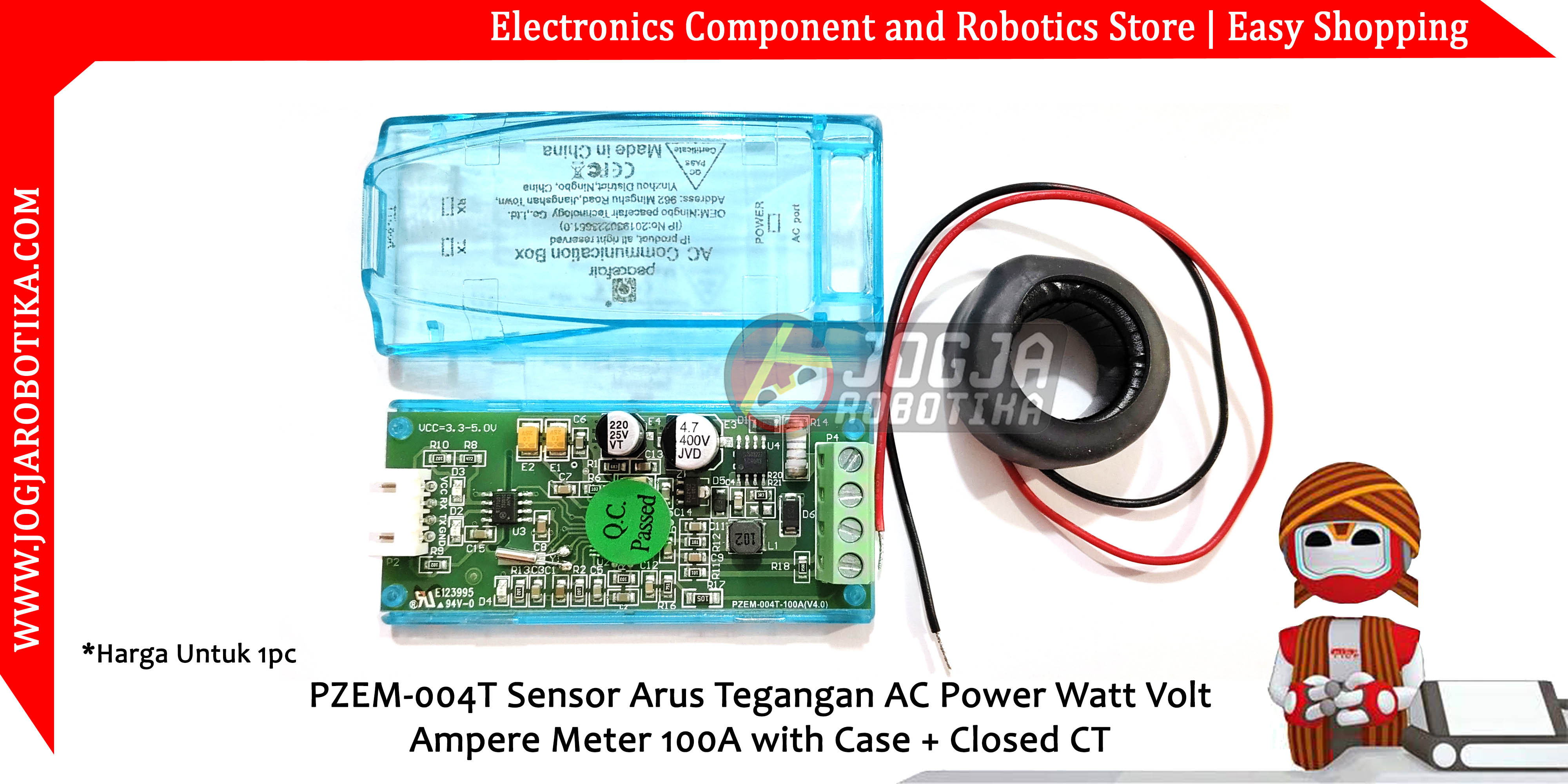 PZEM-004T Sensor Arus Tegangan AC Power Watt Volt Ampere Meter 100A with Case + Closed CT