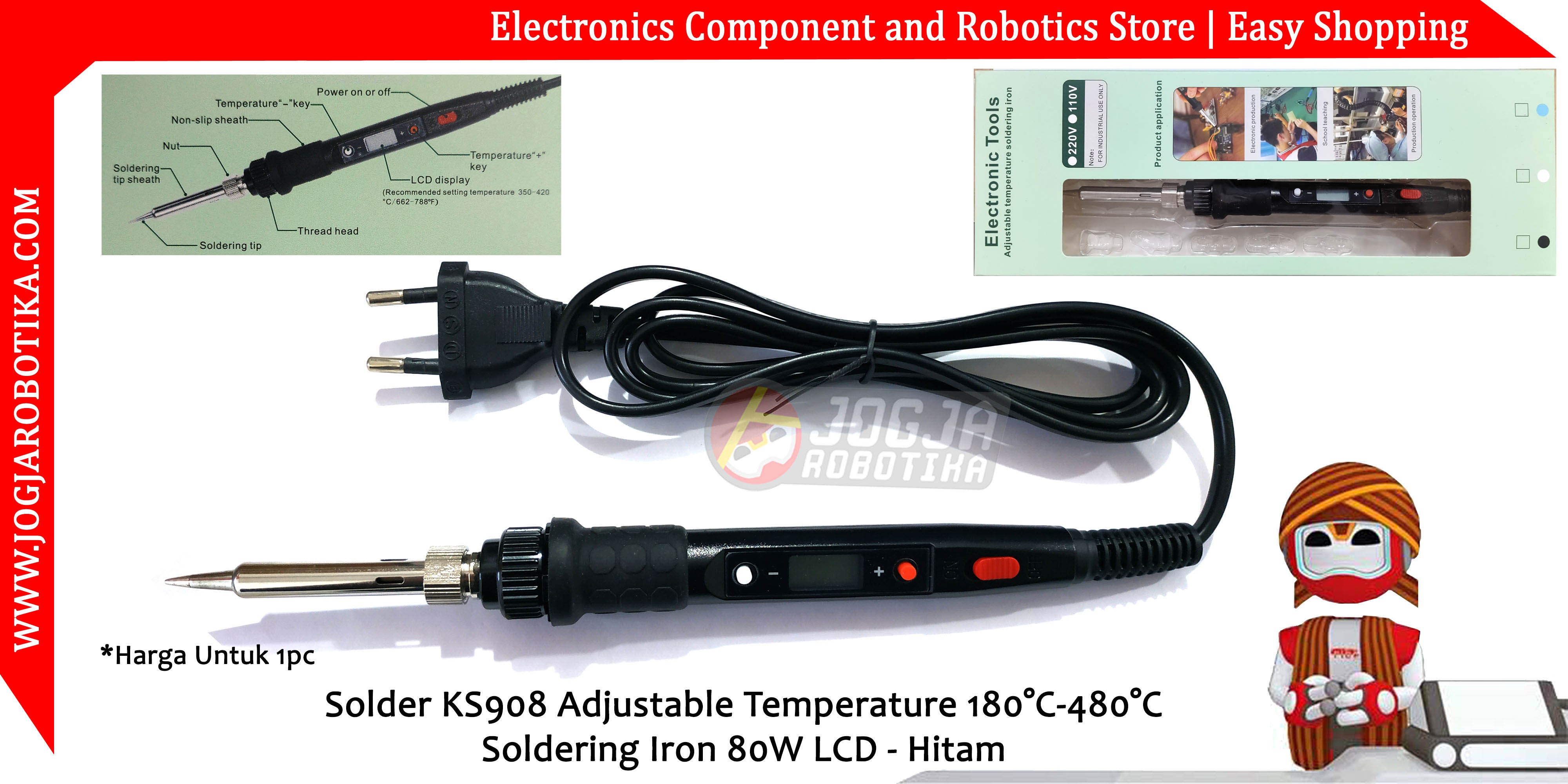 Solder KS908 Adjustable Temperature 180°C-480°C Soldering Iron 80W LCD - Hitam