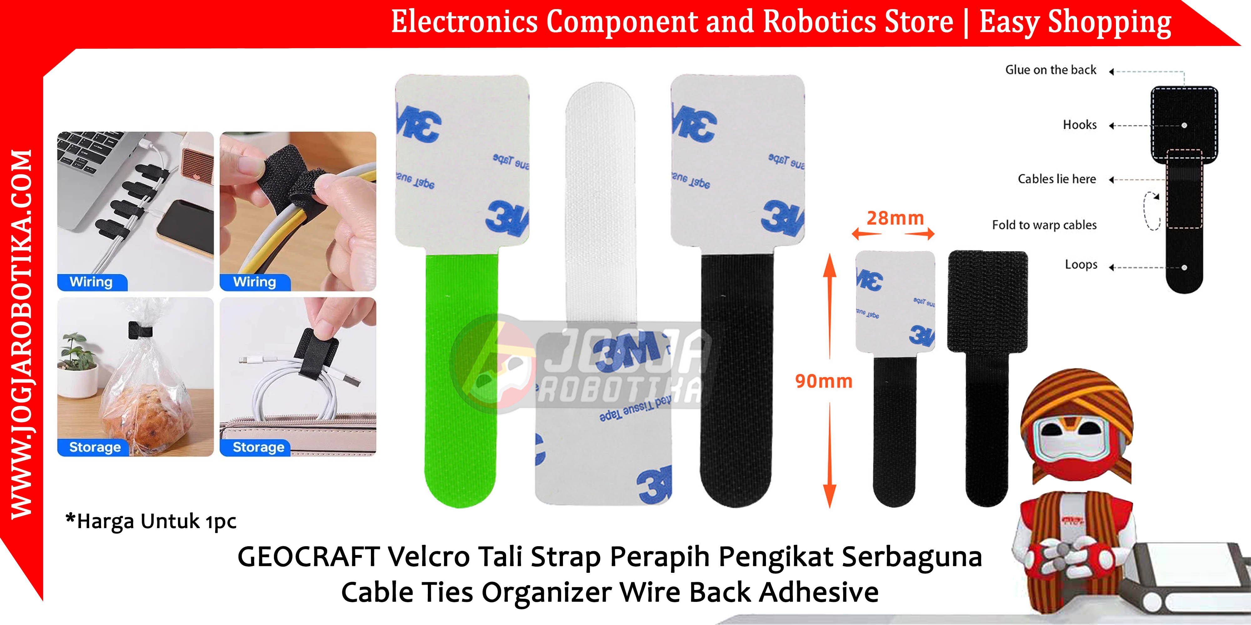 GEOCRAFT Velcro Tali Strap Perapih Pengikat Serbaguna Cable Ties Organizer Wire Back Adhesive - Hijau