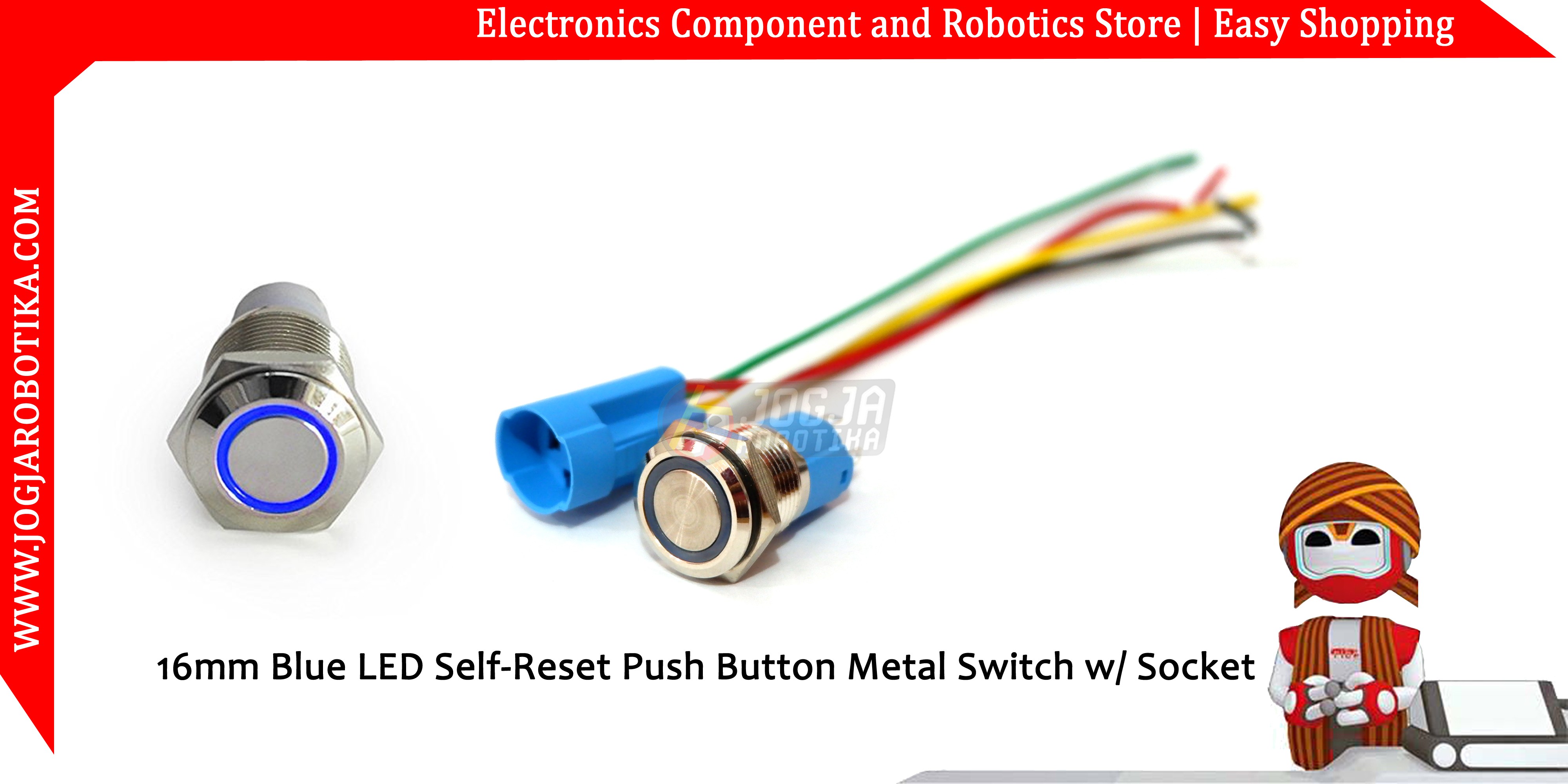 16mm Blue LED Self-Reset Waterproof Push Button Metal Switch w/ Socket