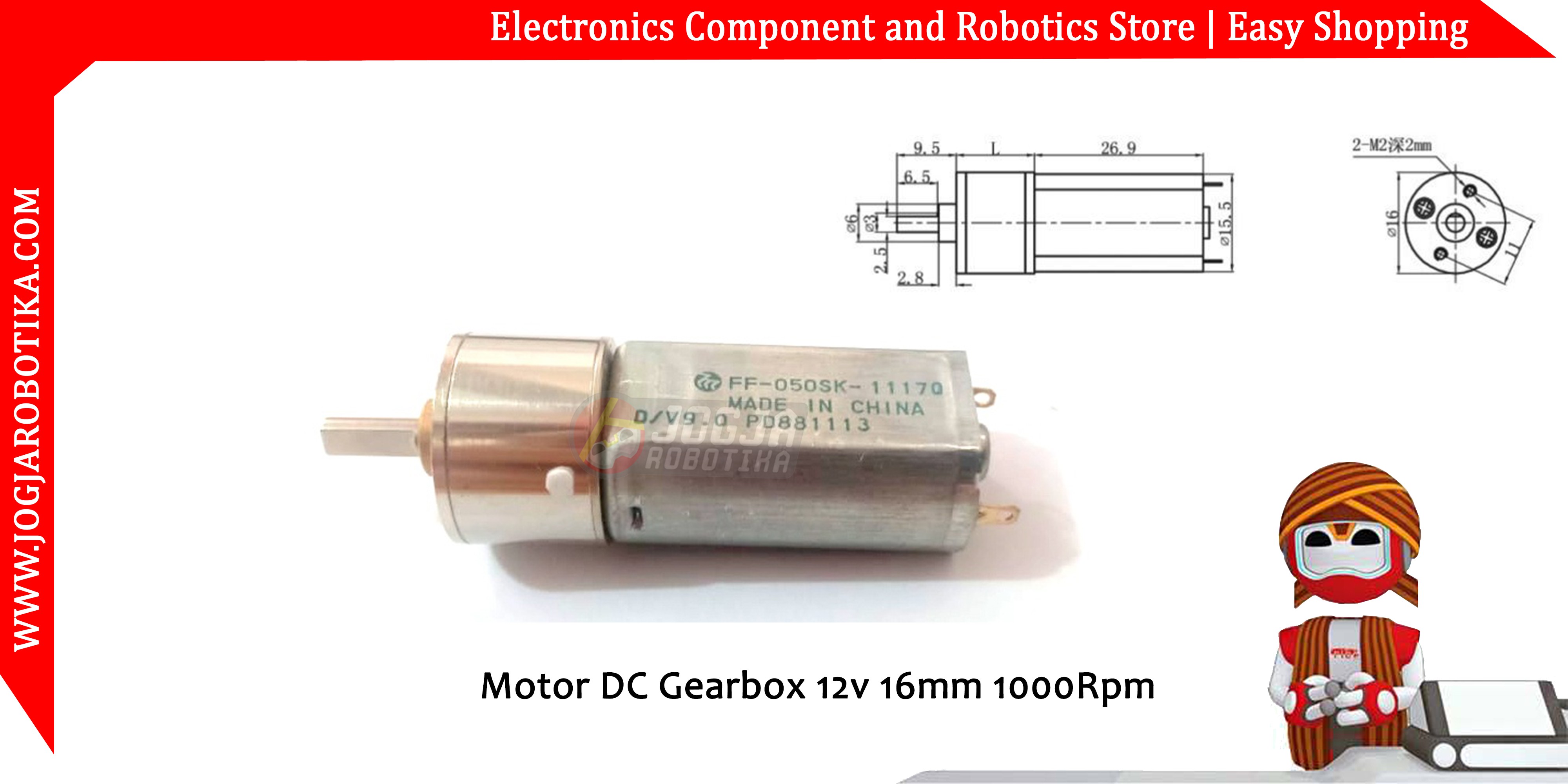 Motor DC Gearbox 12v 16mm 1000Rpm