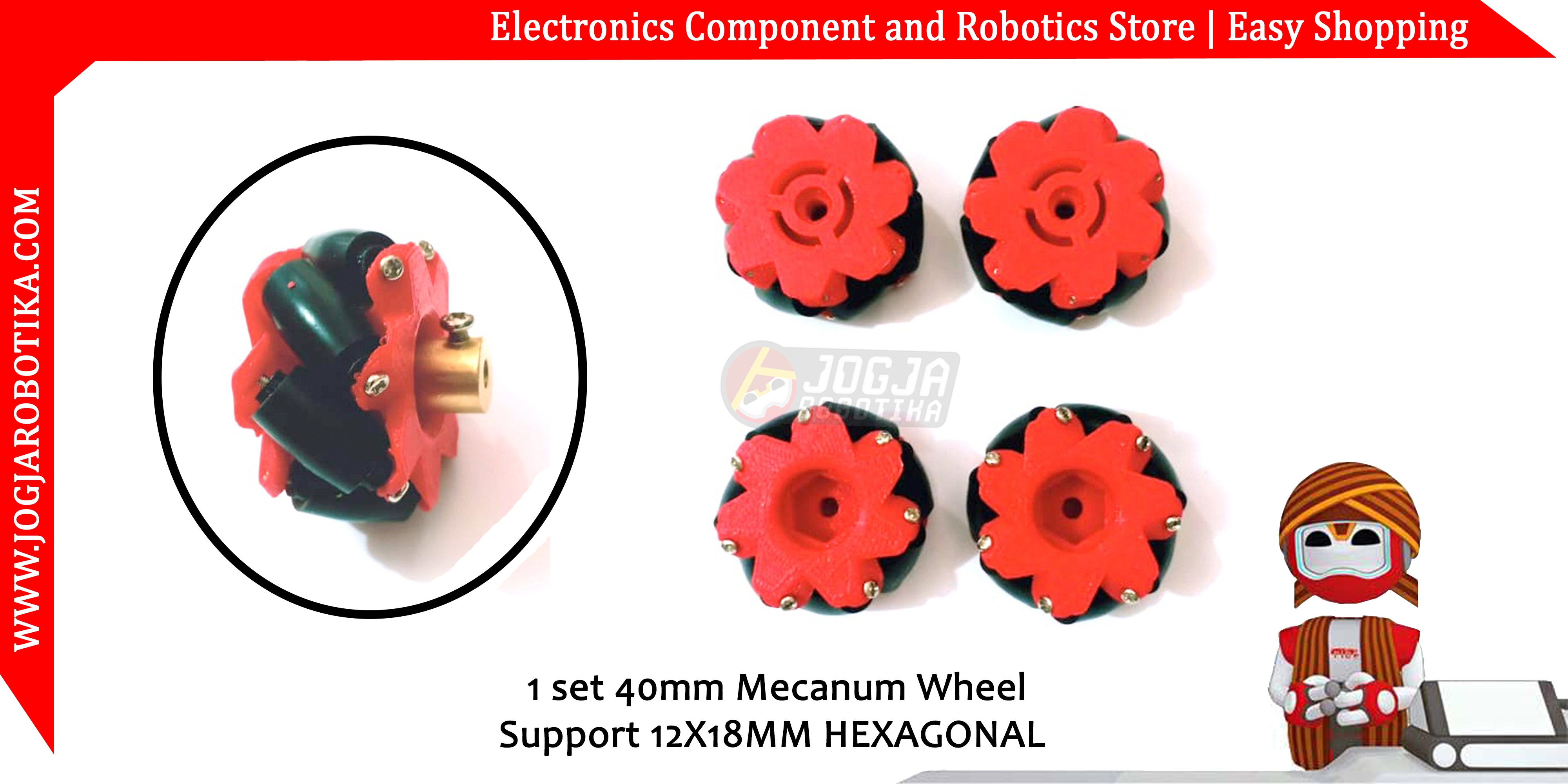 1 set 40mm Mecanum Wheel Merah Support 12X18mm Hexagonal HUB