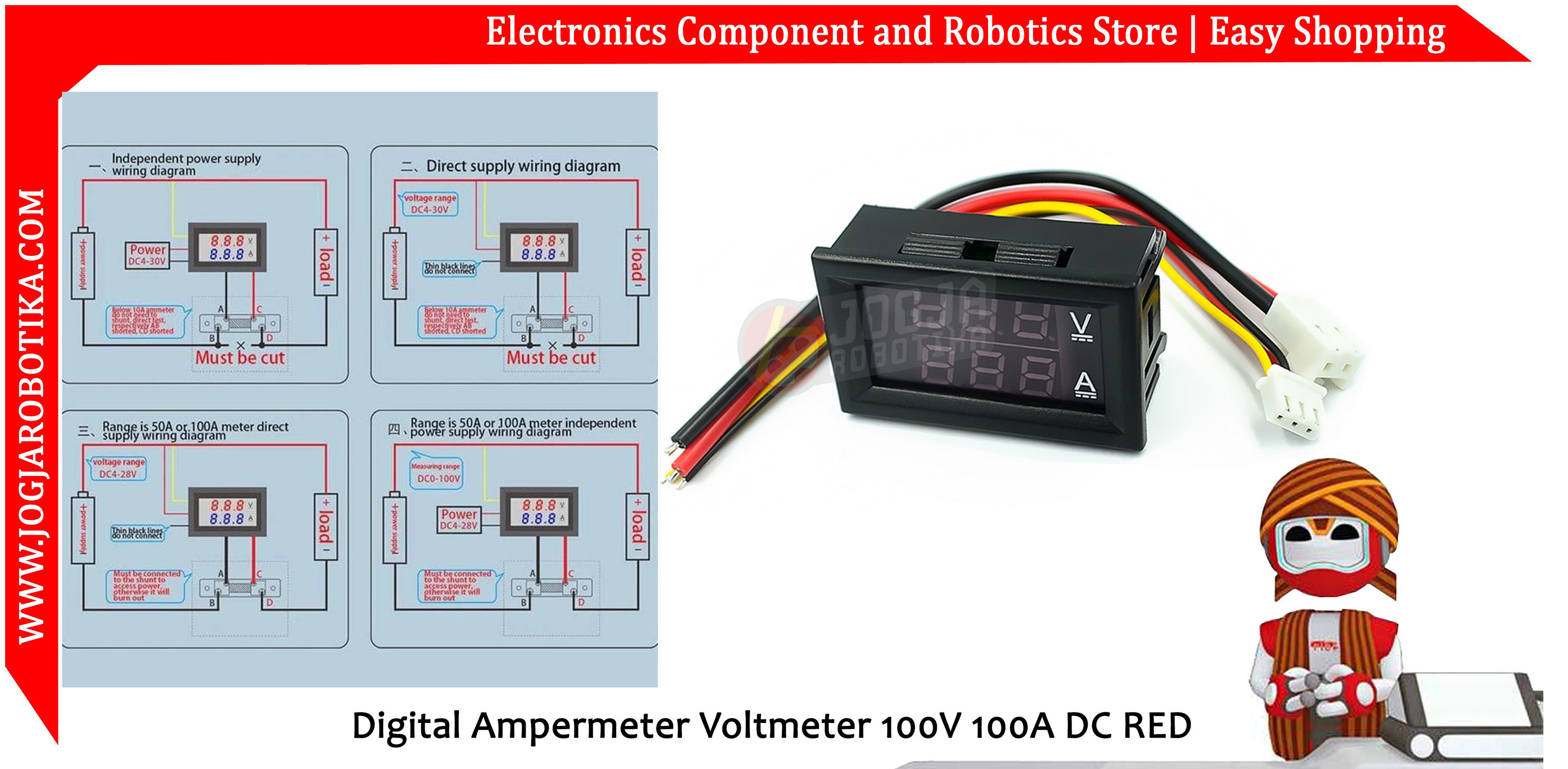 Digital Ampermeter Voltmeter 100V 100A DC RED