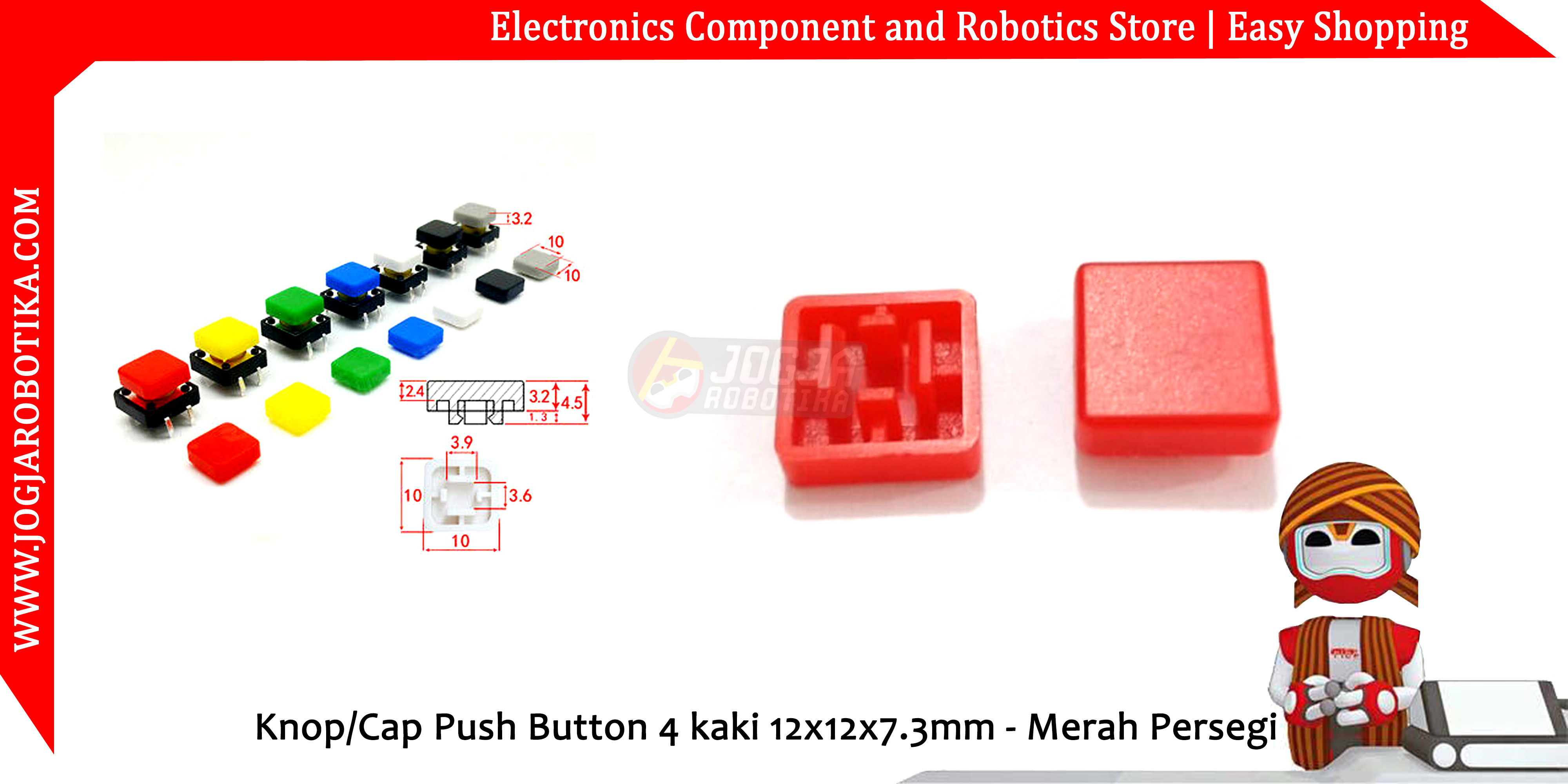 Knop/Cap Push Button 4 kaki 12x12x7.3mm - Merah Persegi