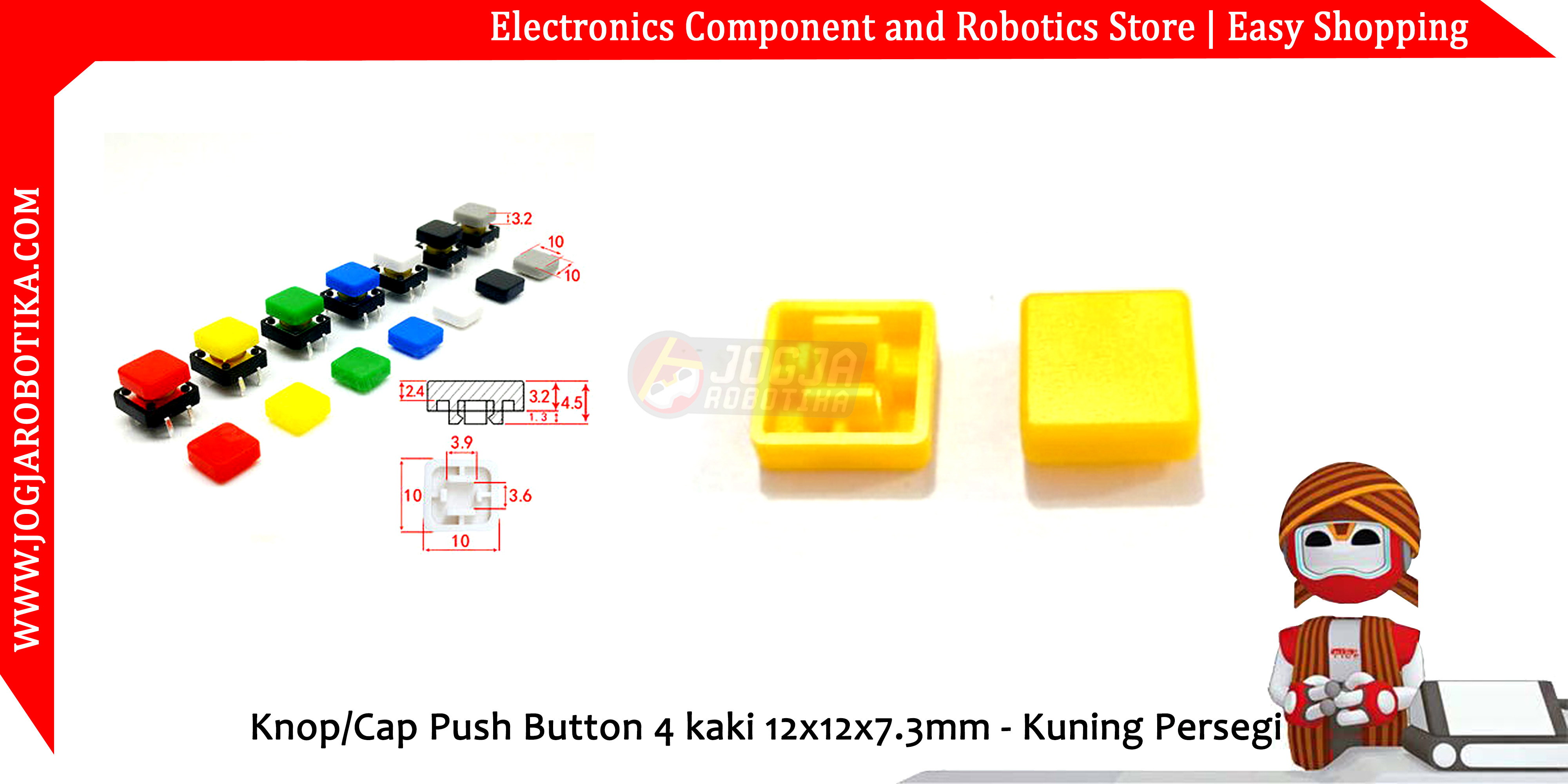 Knop/Cap Push Button 4 kaki 12x12x7.3mm - Kuning Persegi