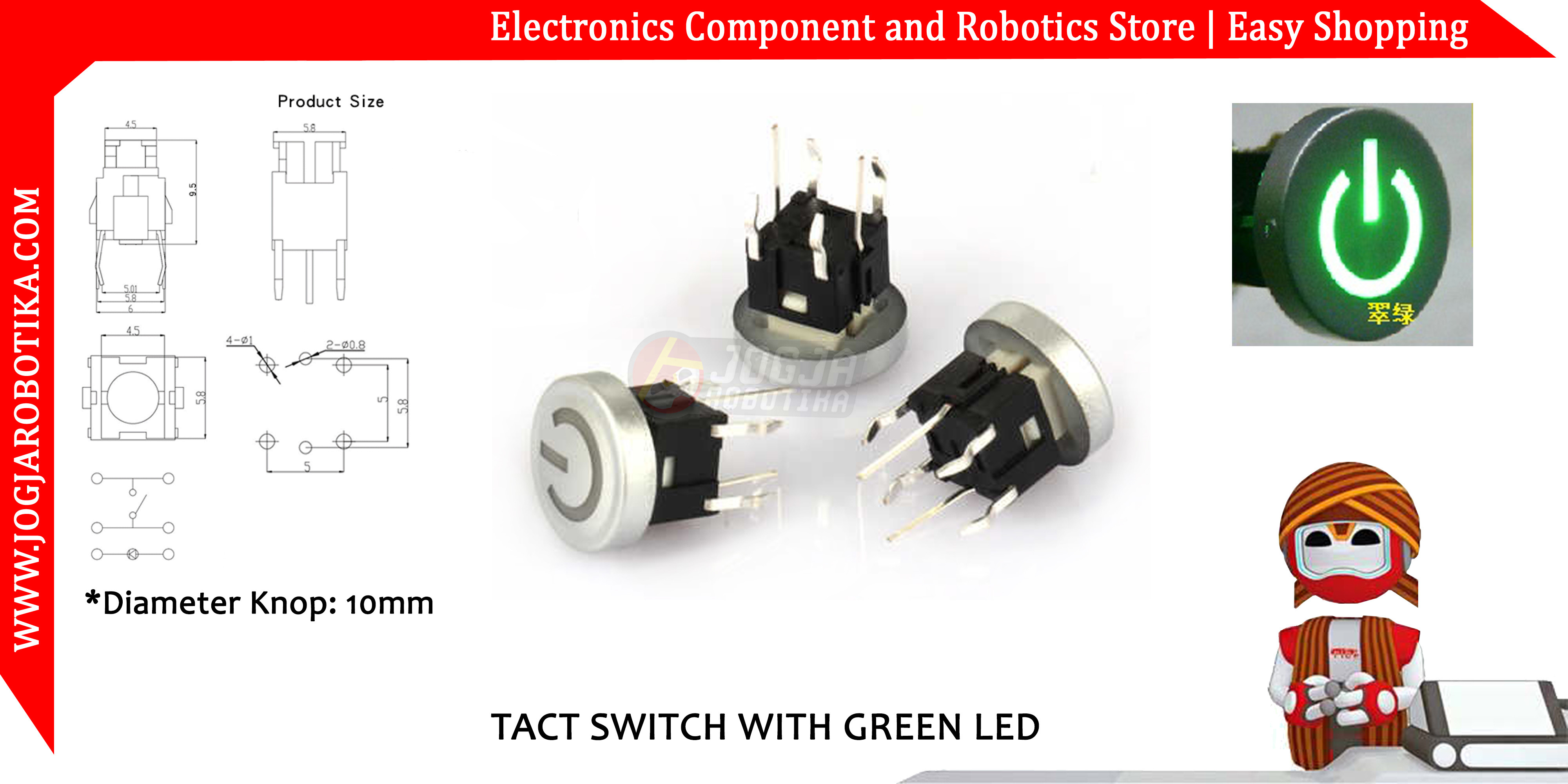Tact Switch 10mm With Green LED - Silver Cap