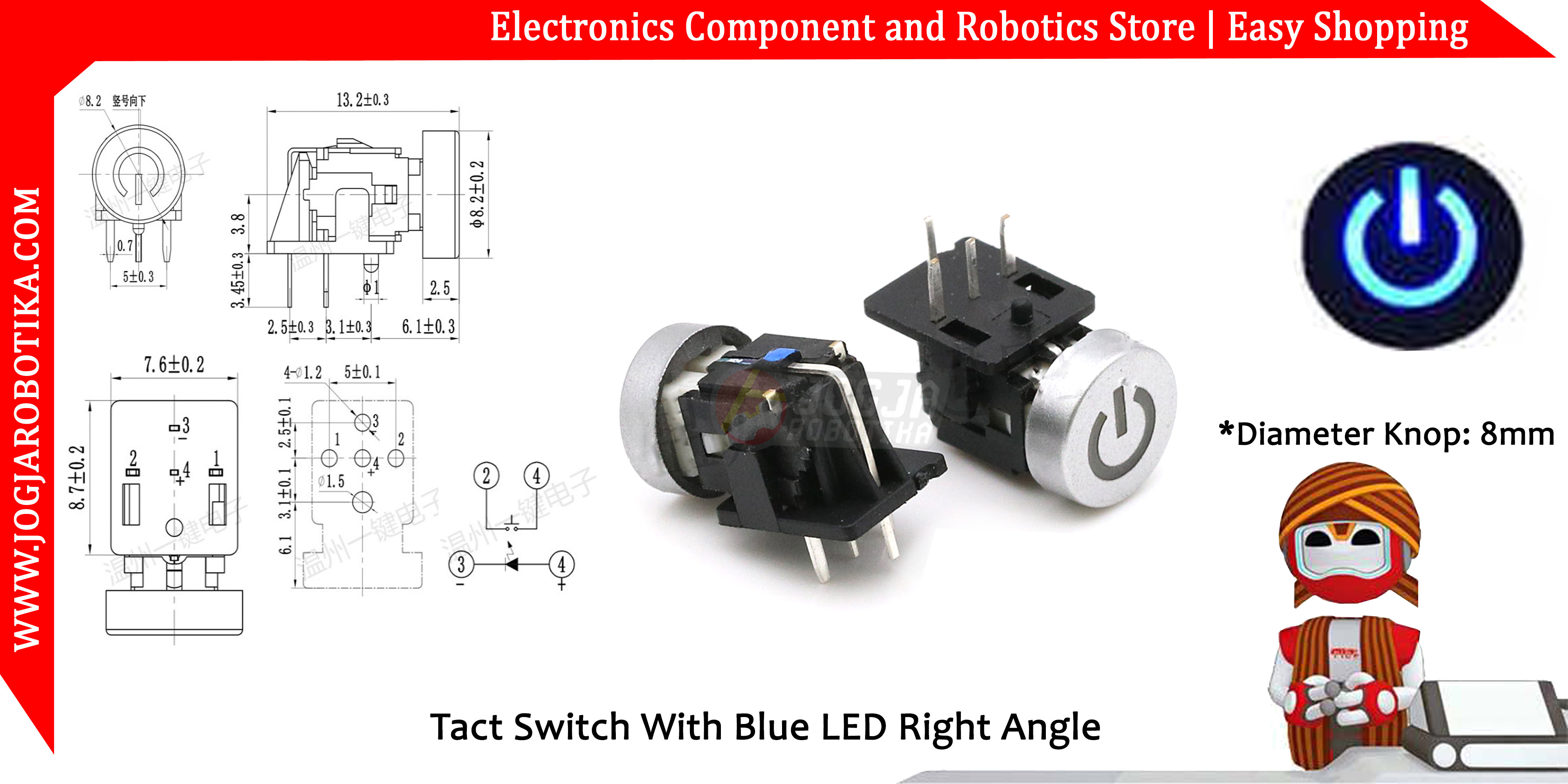 Tact Switch With Blue LED Right Angle