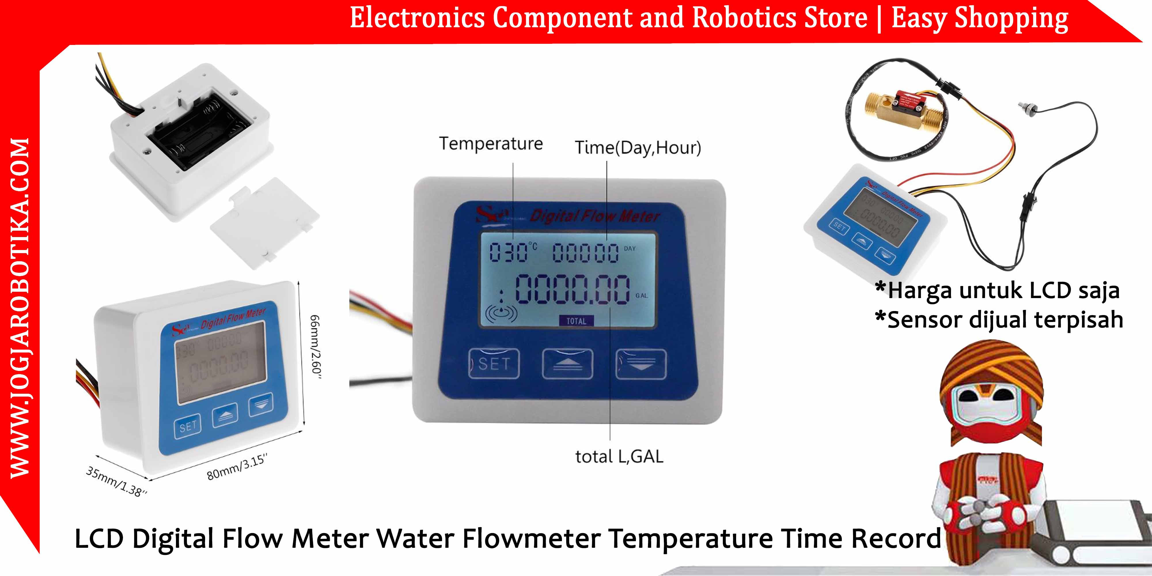 LCD Digital Flow Meter Water Flowmeter Temperature Time Record