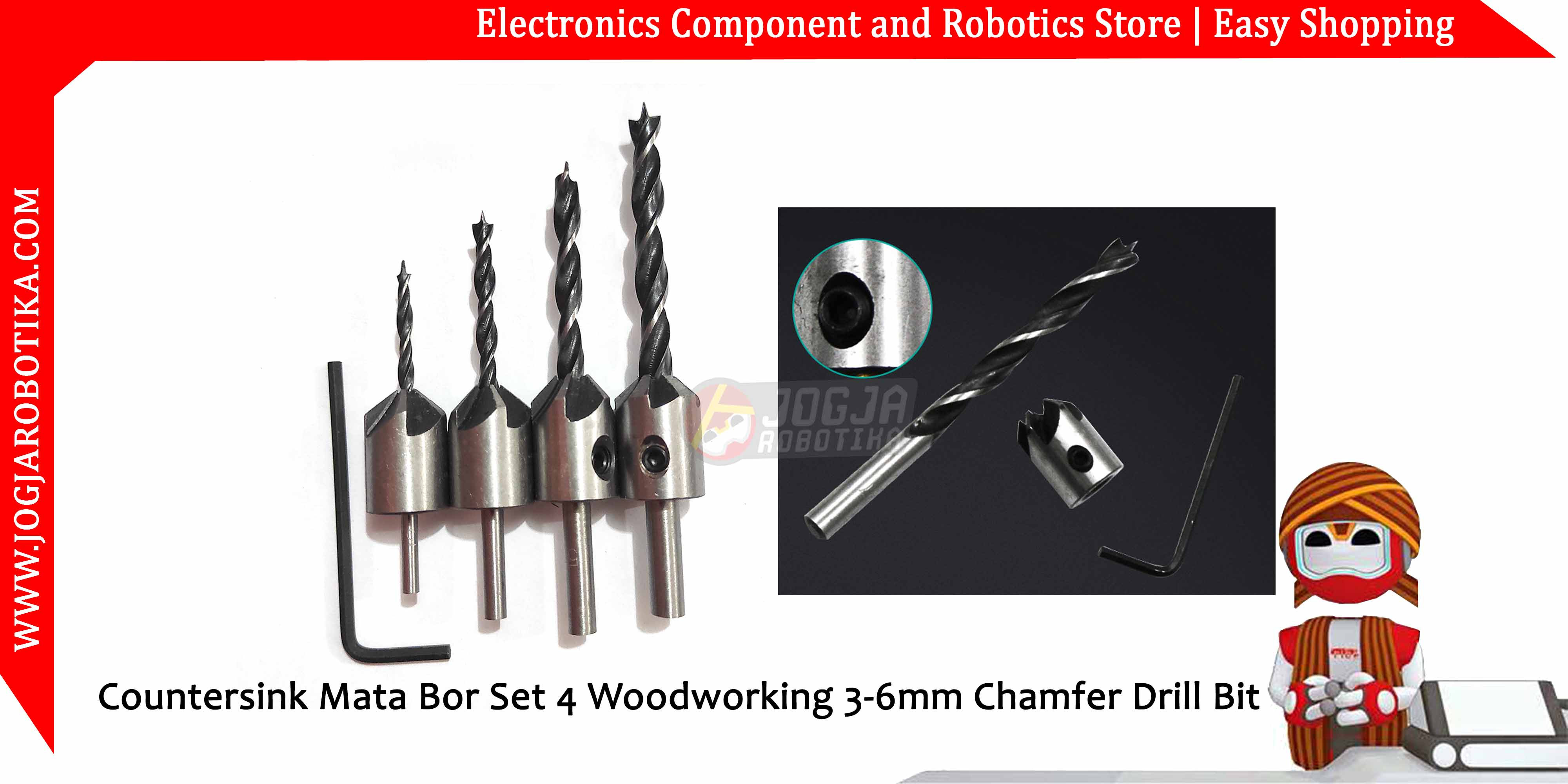 Countersink Mata Bor Set 4 Woodworking 3-6mm Chamfer Drill Bit