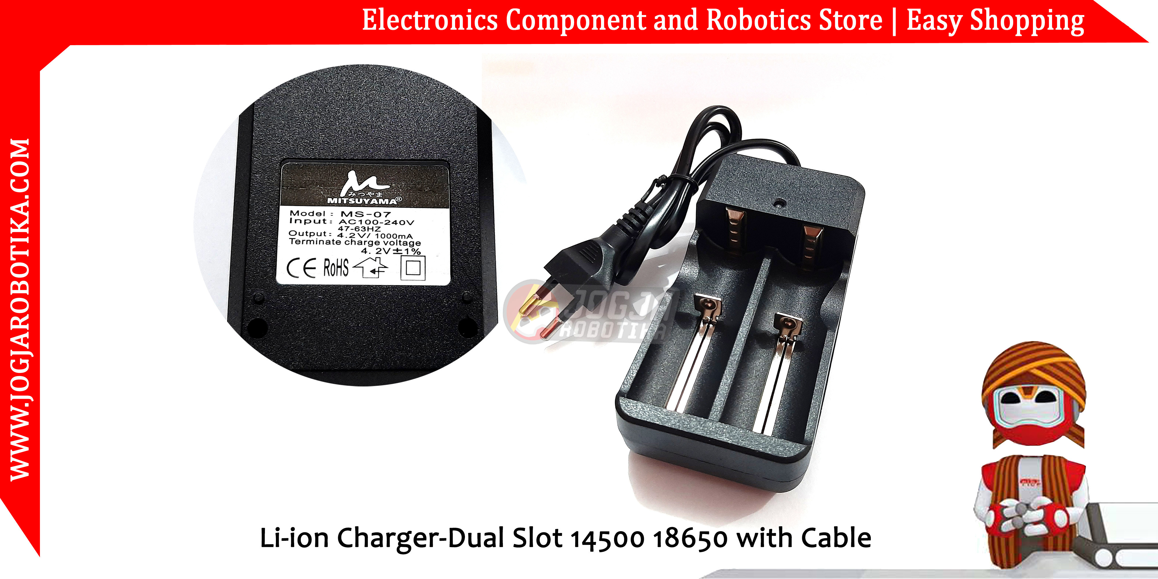 Li-ion Charger-Dual Slot 14500 18650 with Cable