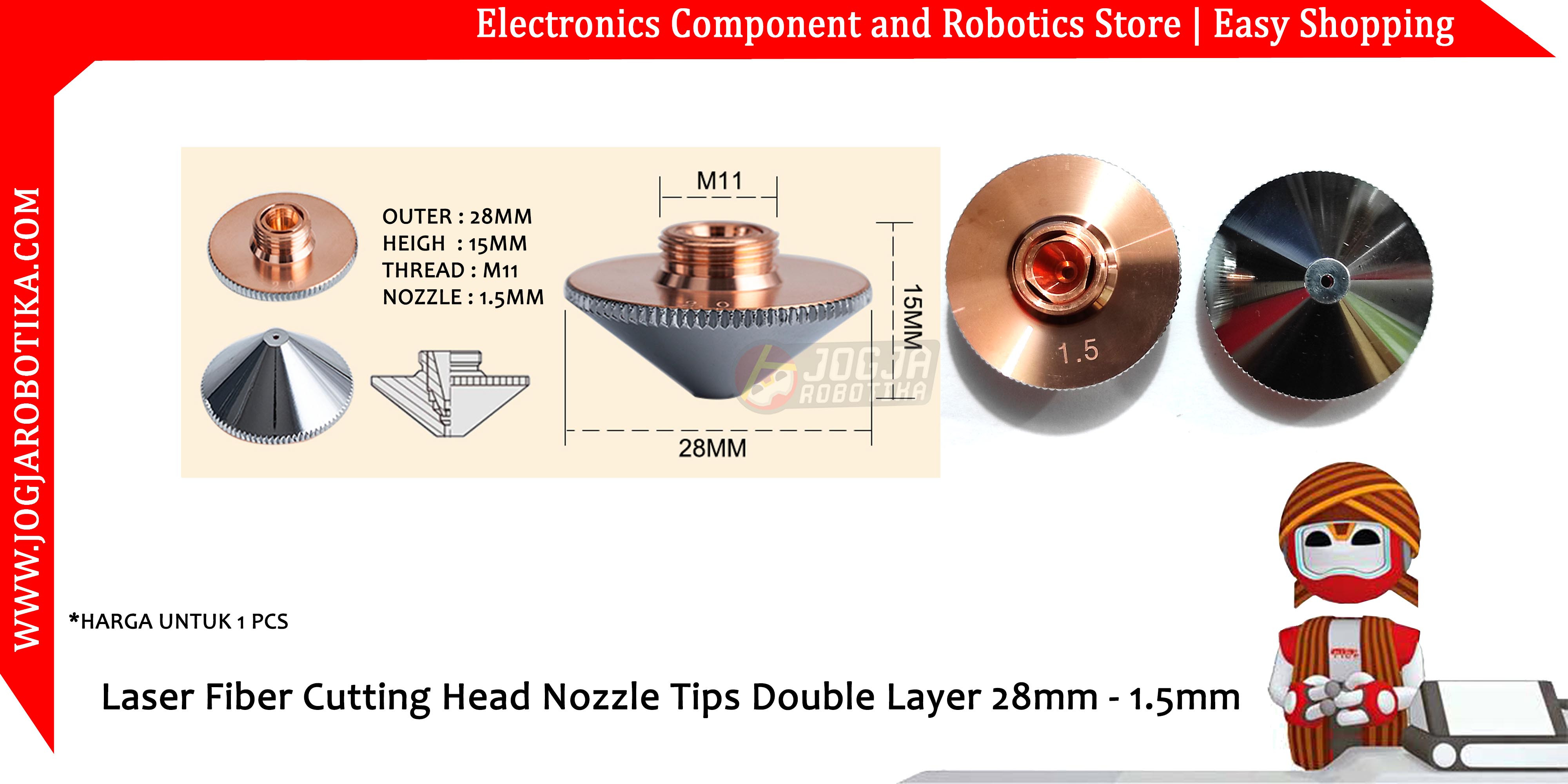 Laser Fiber Cutting Head Nozzle Tips Double Layer 28mm - 1.5mm